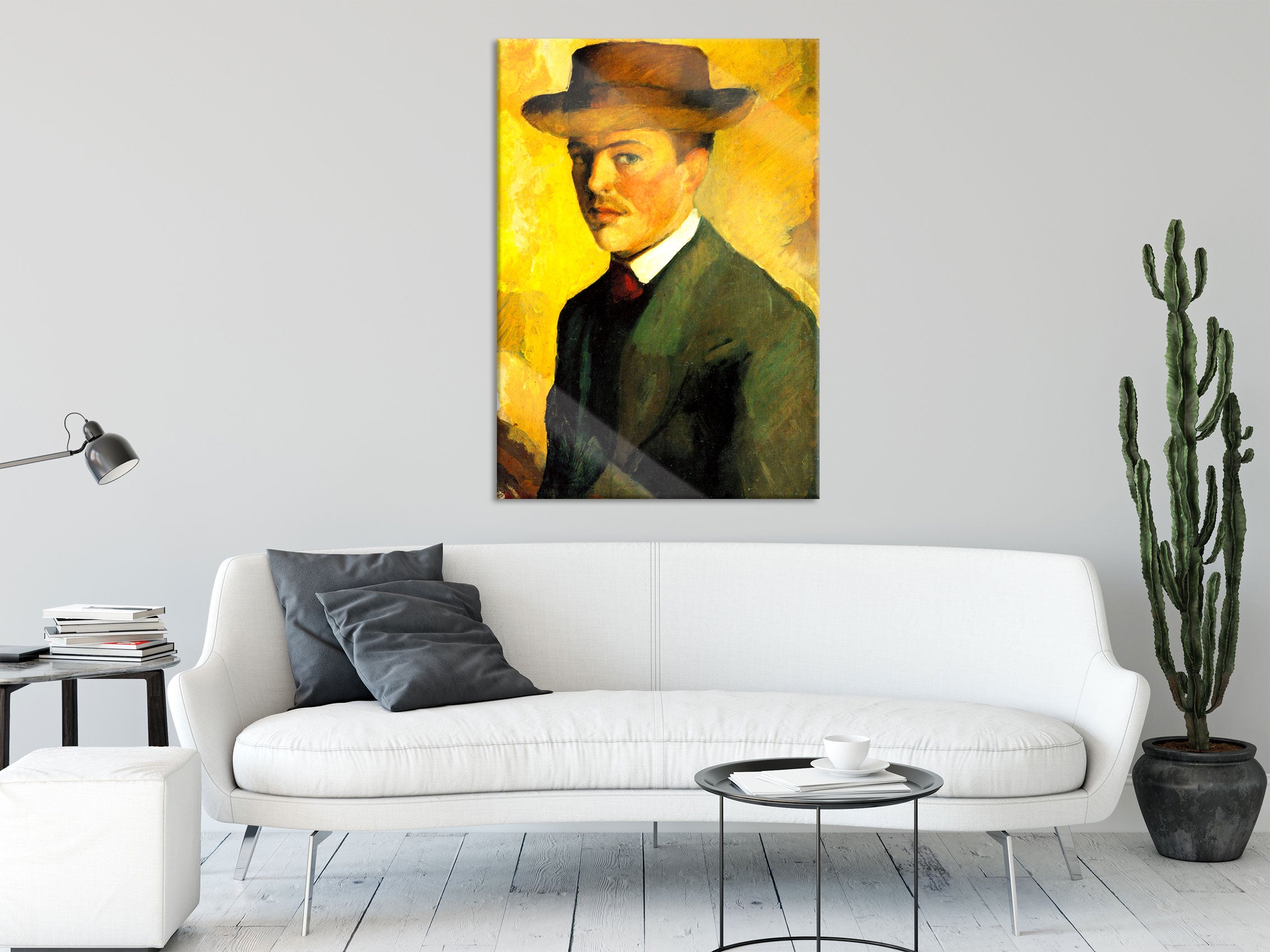 August Macke - Selbstportrait mit Hut , Glasbild