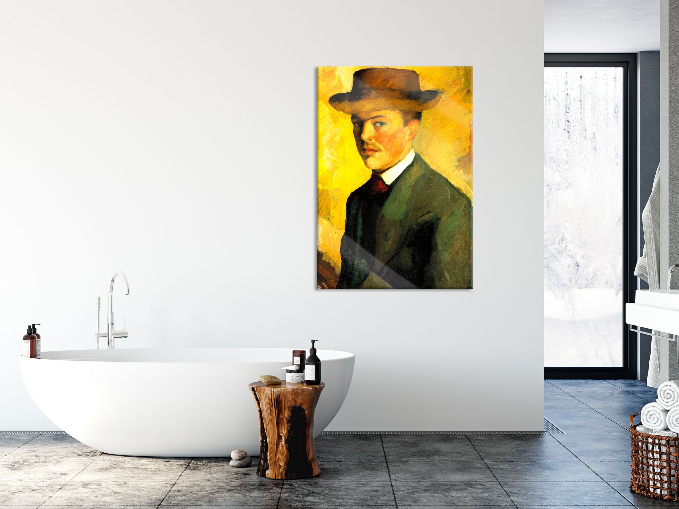 August Macke - Selbstportrait mit Hut , Glasbild