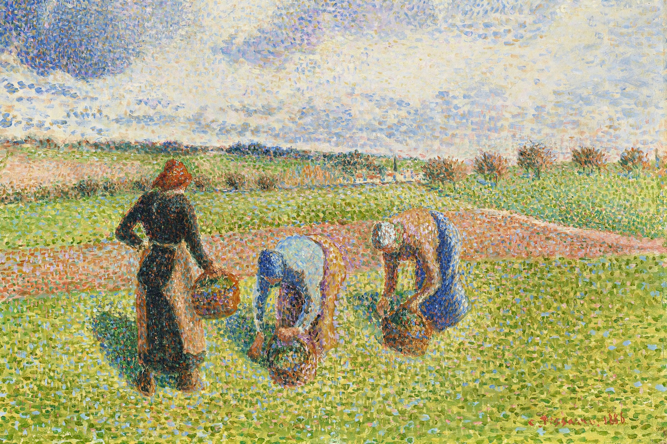 Camille Pissarro - PAYSANNES RAMASSANT DES HERBES ÉRAG, Glasbild