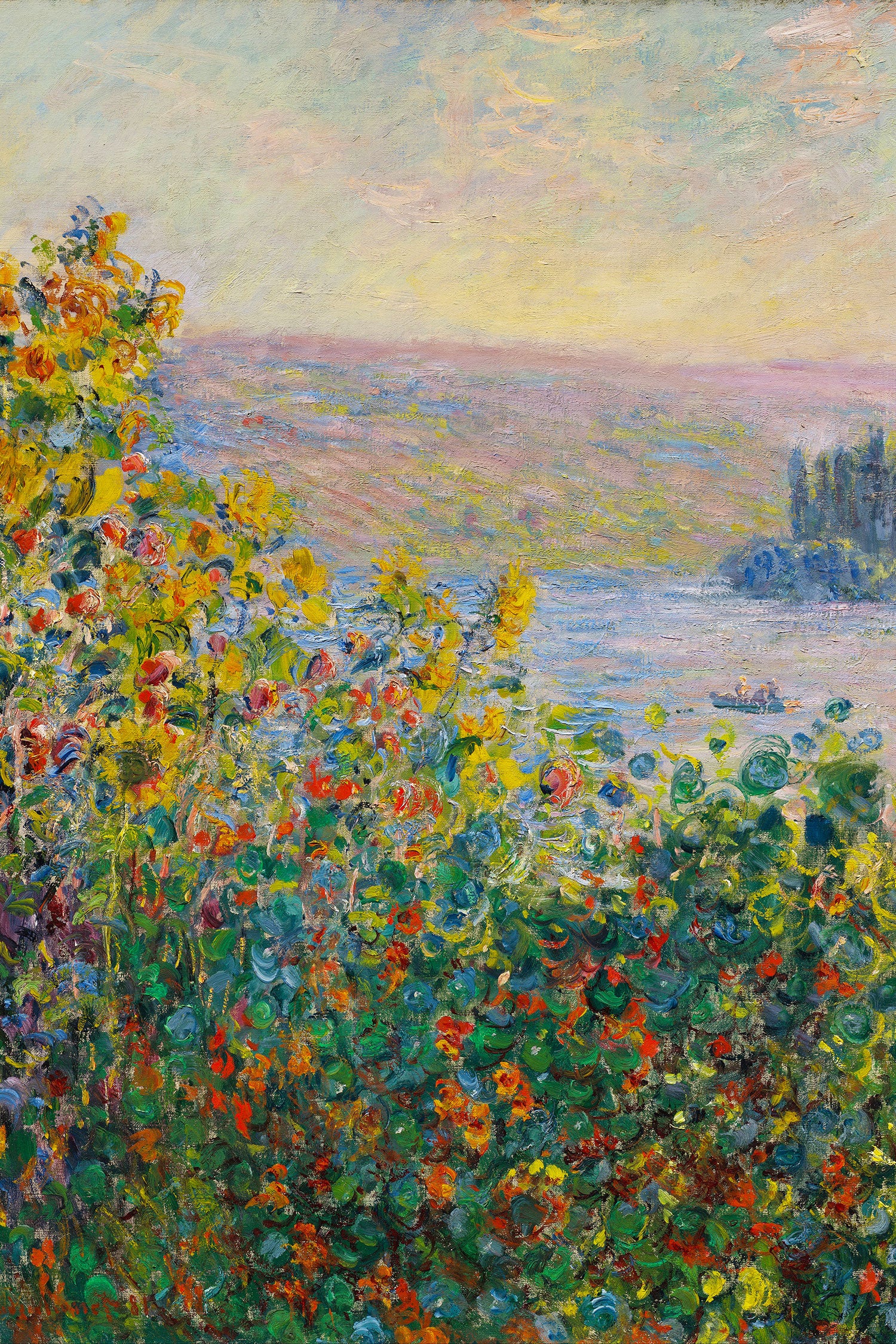 Claude Monet - Blumenbeete in Vetheuil , Glasbild