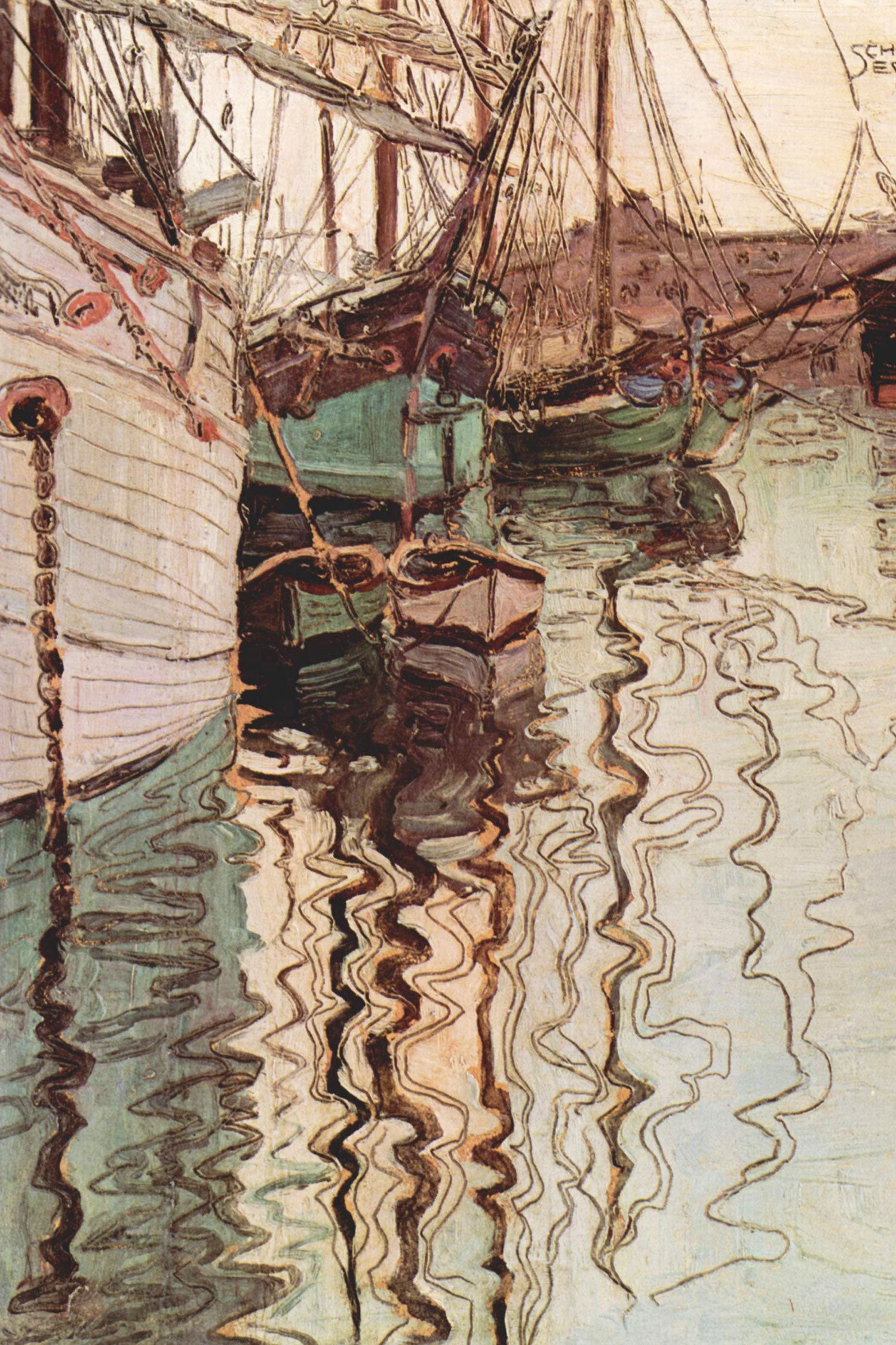 Egon Schiele - Segelschiffe im wellenbewegtem Wasser, Glasbild