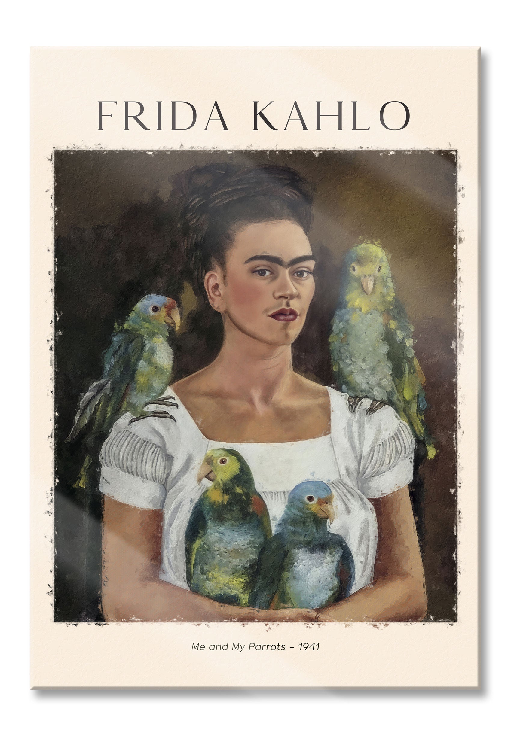 Art Portrait  - Frida Kahlo - Ich und meine Papageien, Glasbild