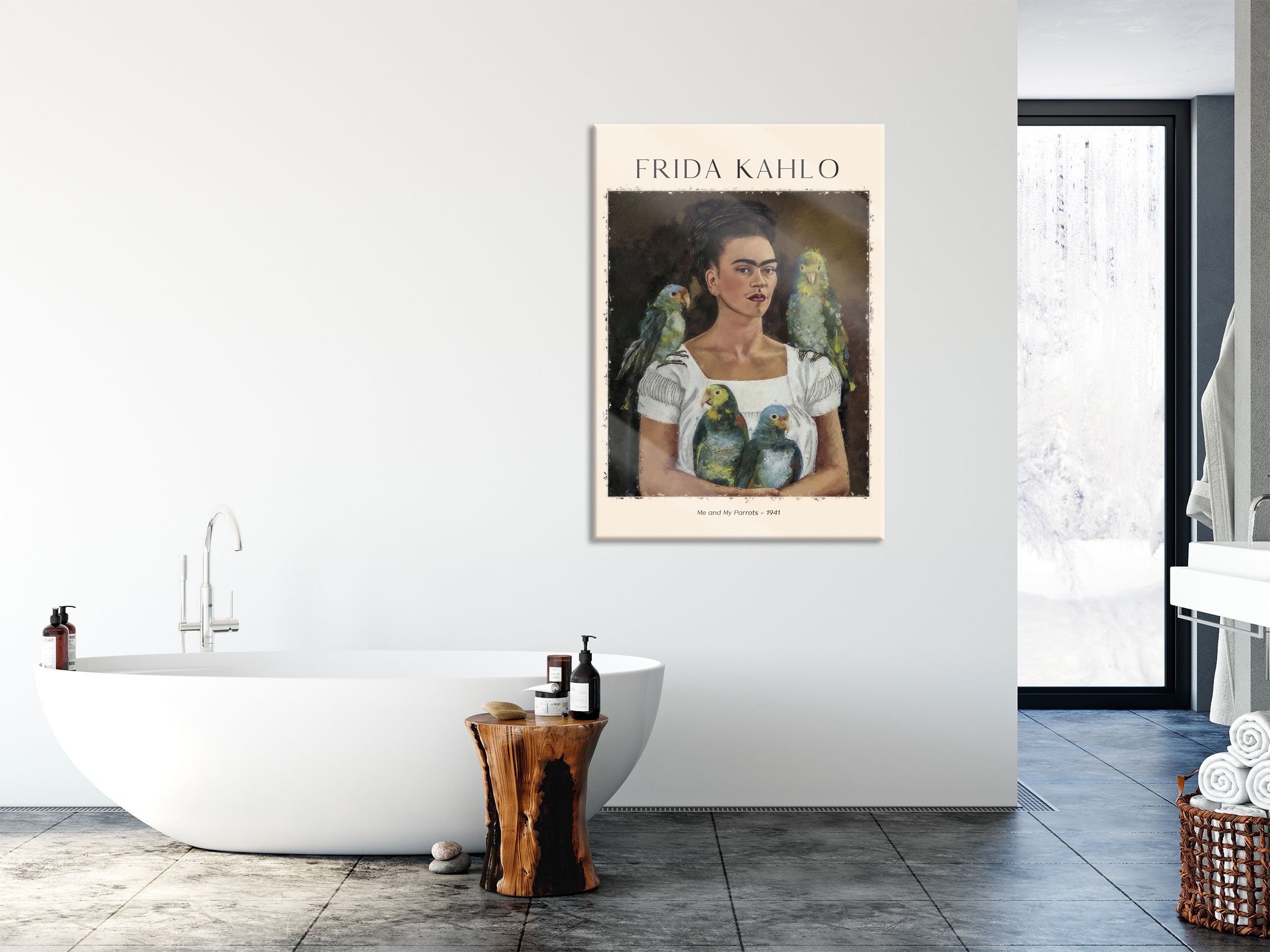 Art Portrait  - Frida Kahlo - Ich und meine Papageien, Glasbild