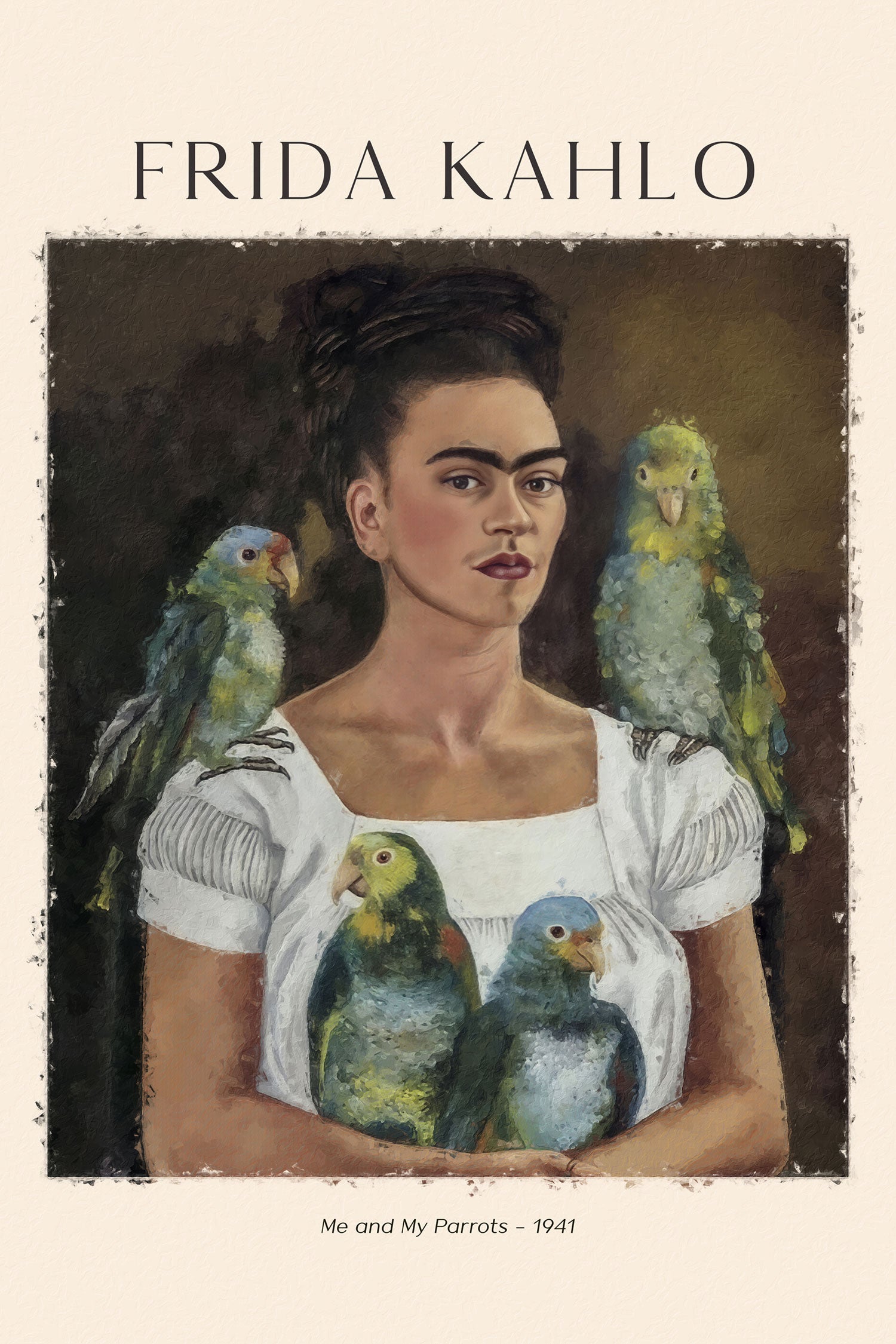 Art Portrait  - Frida Kahlo - Ich und meine Papageien, Glasbild