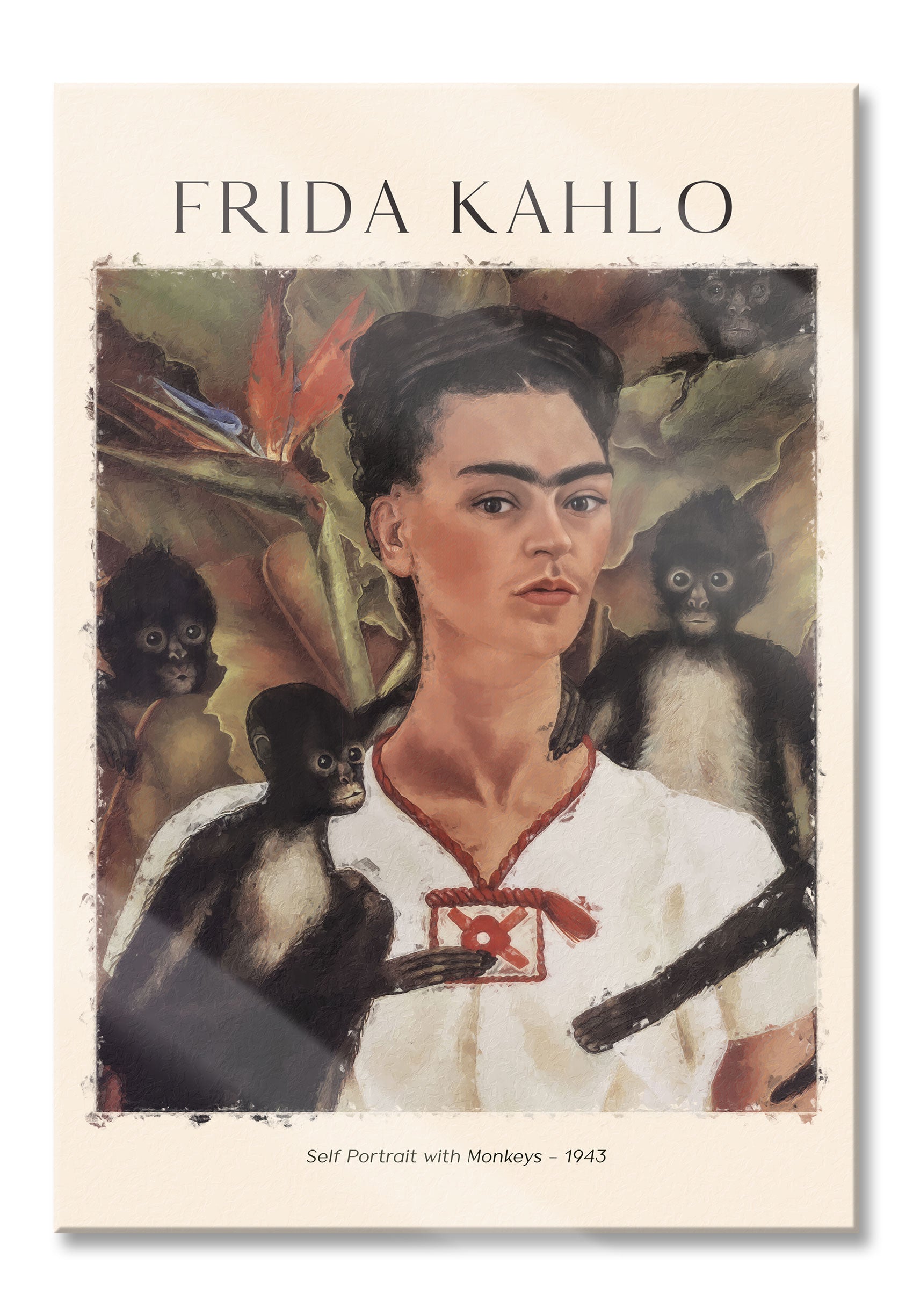 Art Portrait  - Frida Kahlo - Selbstbildnis mit Affen, Glasbild