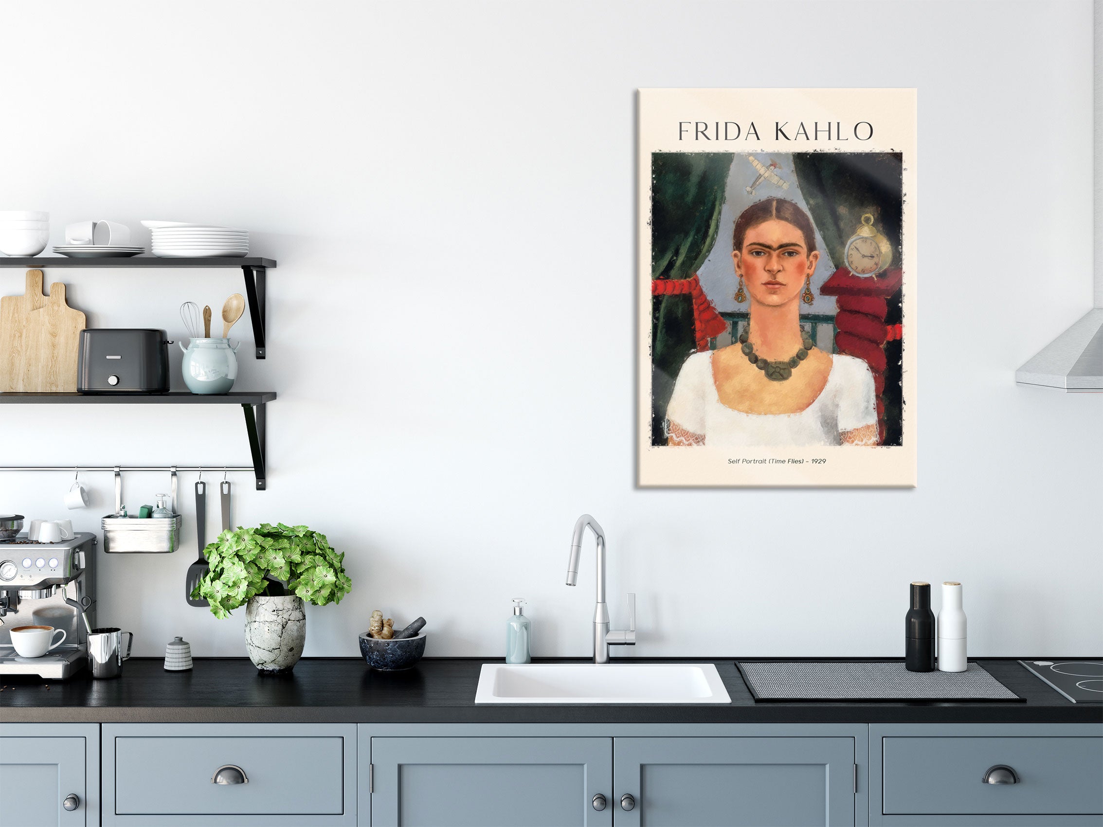 Art Portrait  - Frida Kahlo - Die Zeit fliegt, Glasbild