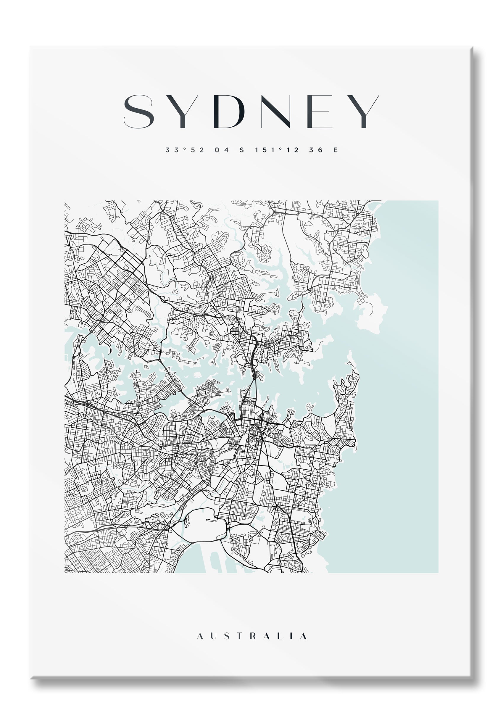 Stadtkarte Eckig  - Sydney, Glasbild