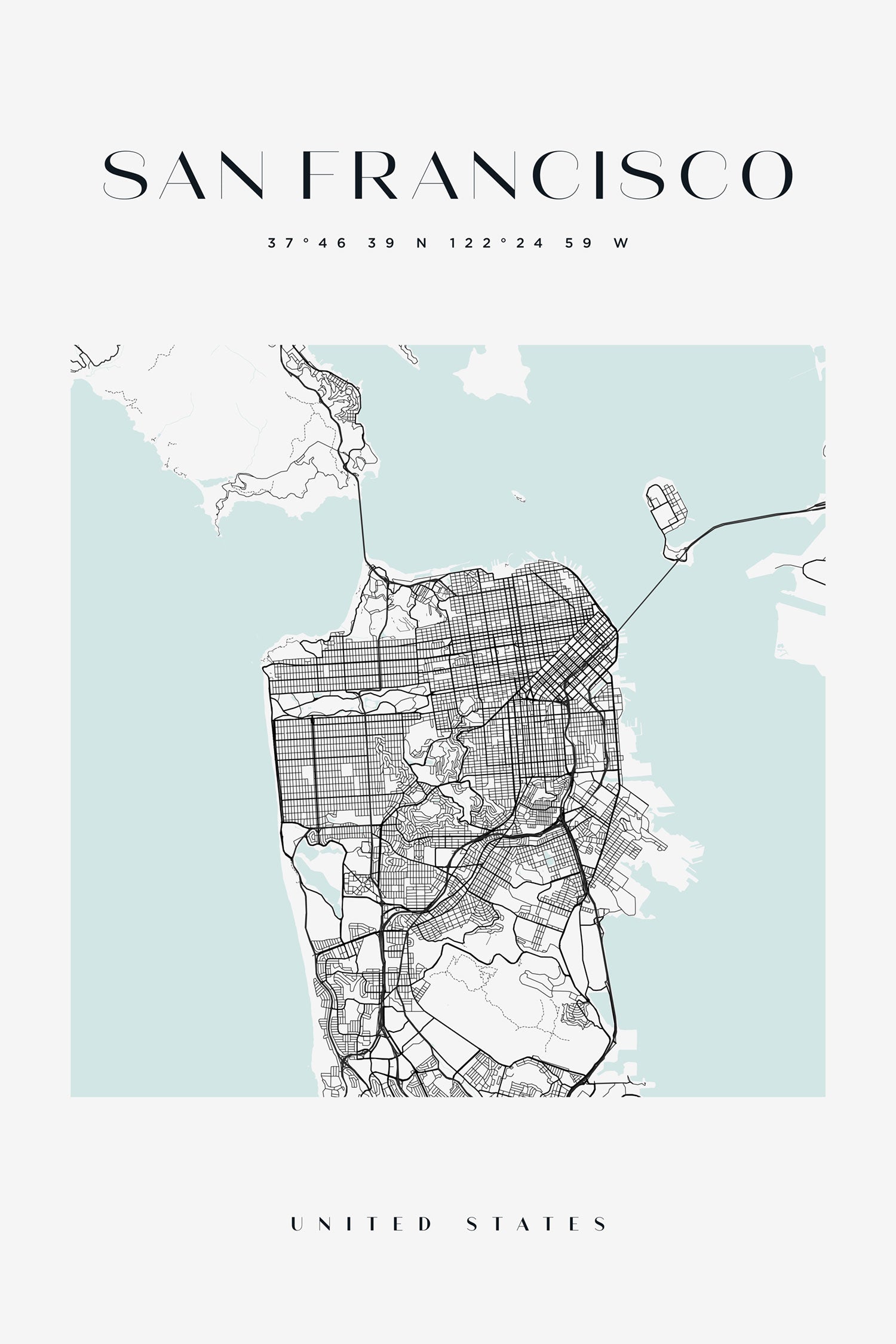 Stadtkarte Eckig  - San Francisco, Glasbild