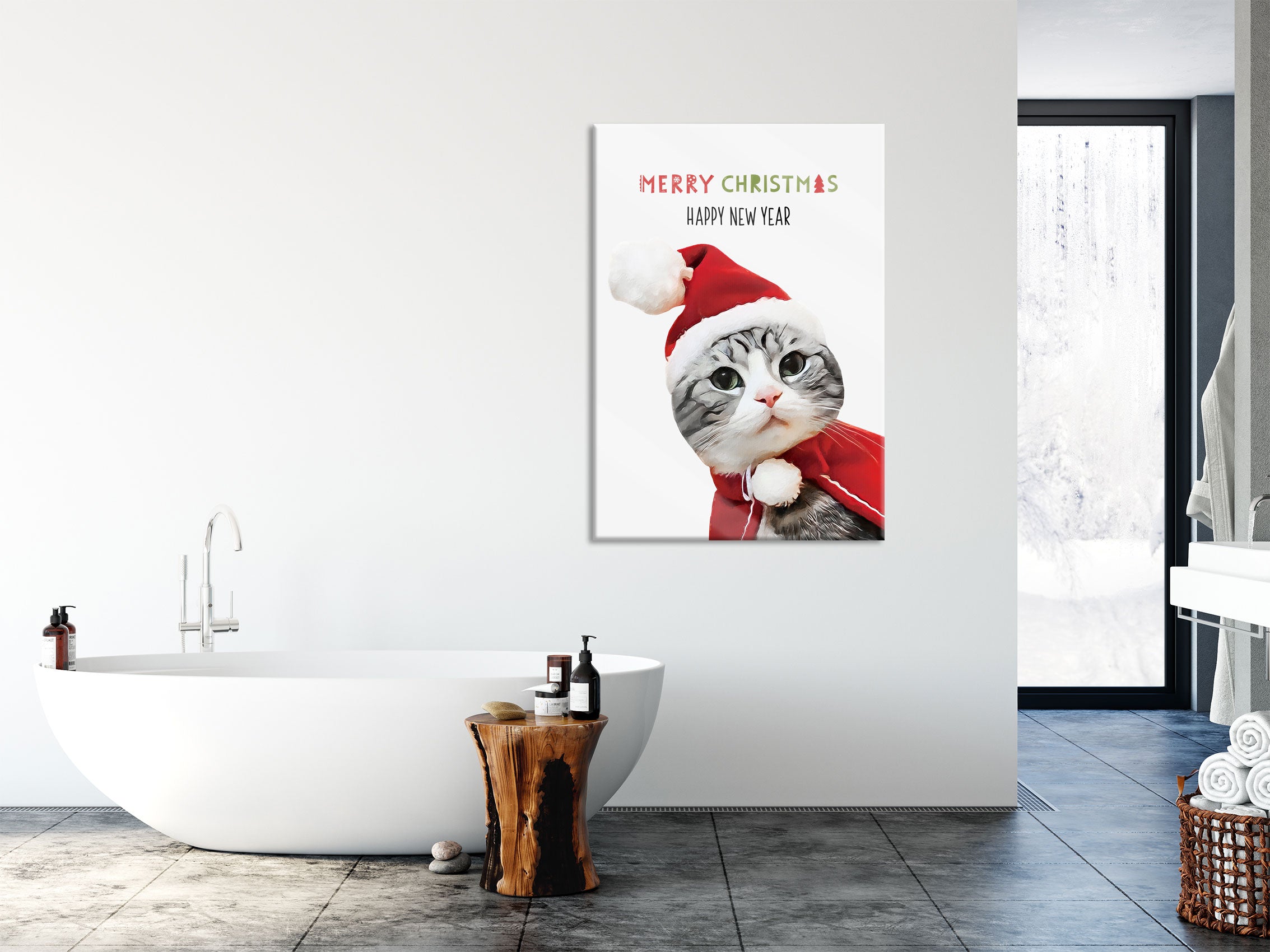 Weihnachts Collection  - Schriftzug Katze I, Glasbild