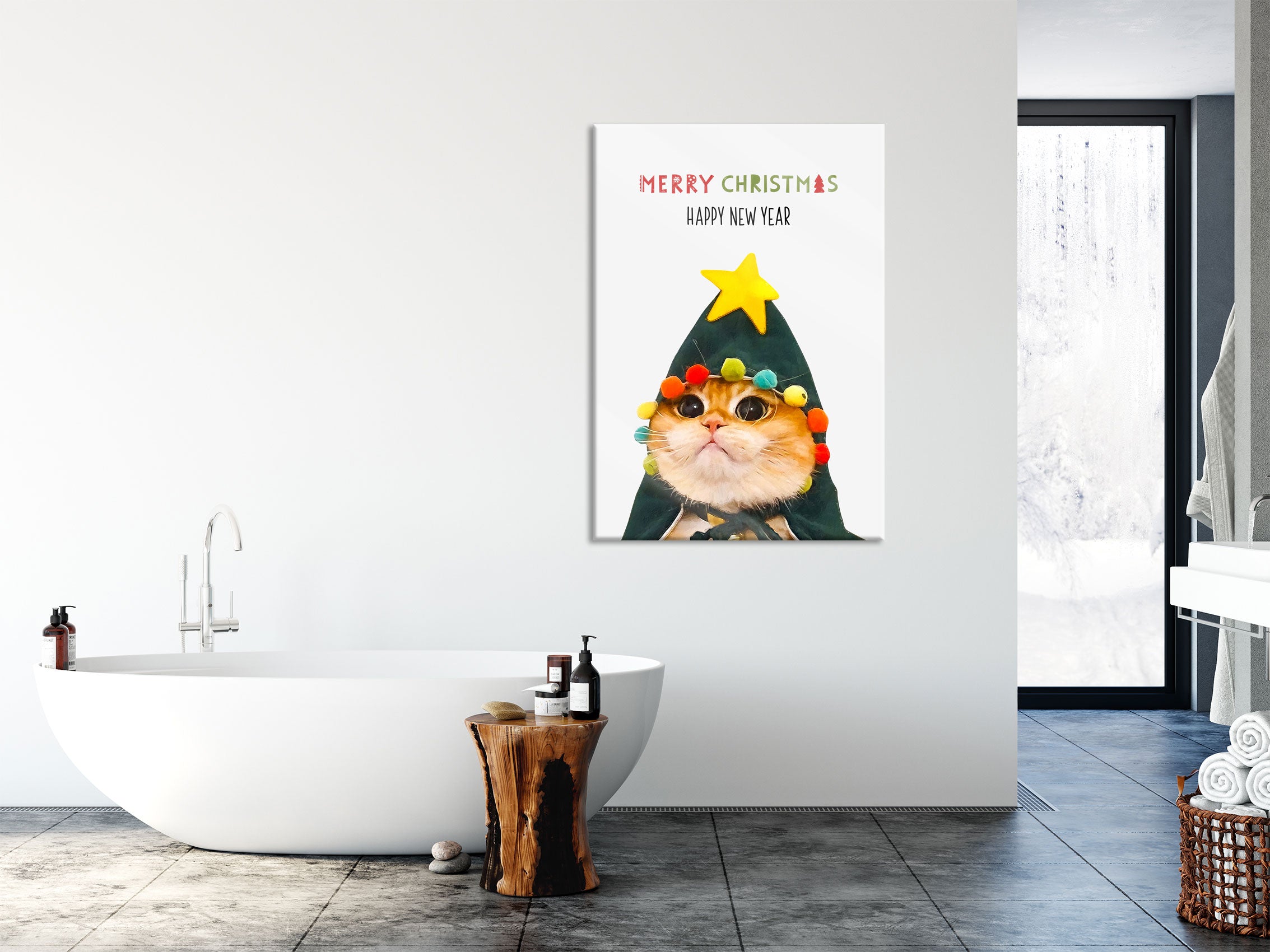 Weihnachts Collection  - Schriftzug Katze II, Glasbild