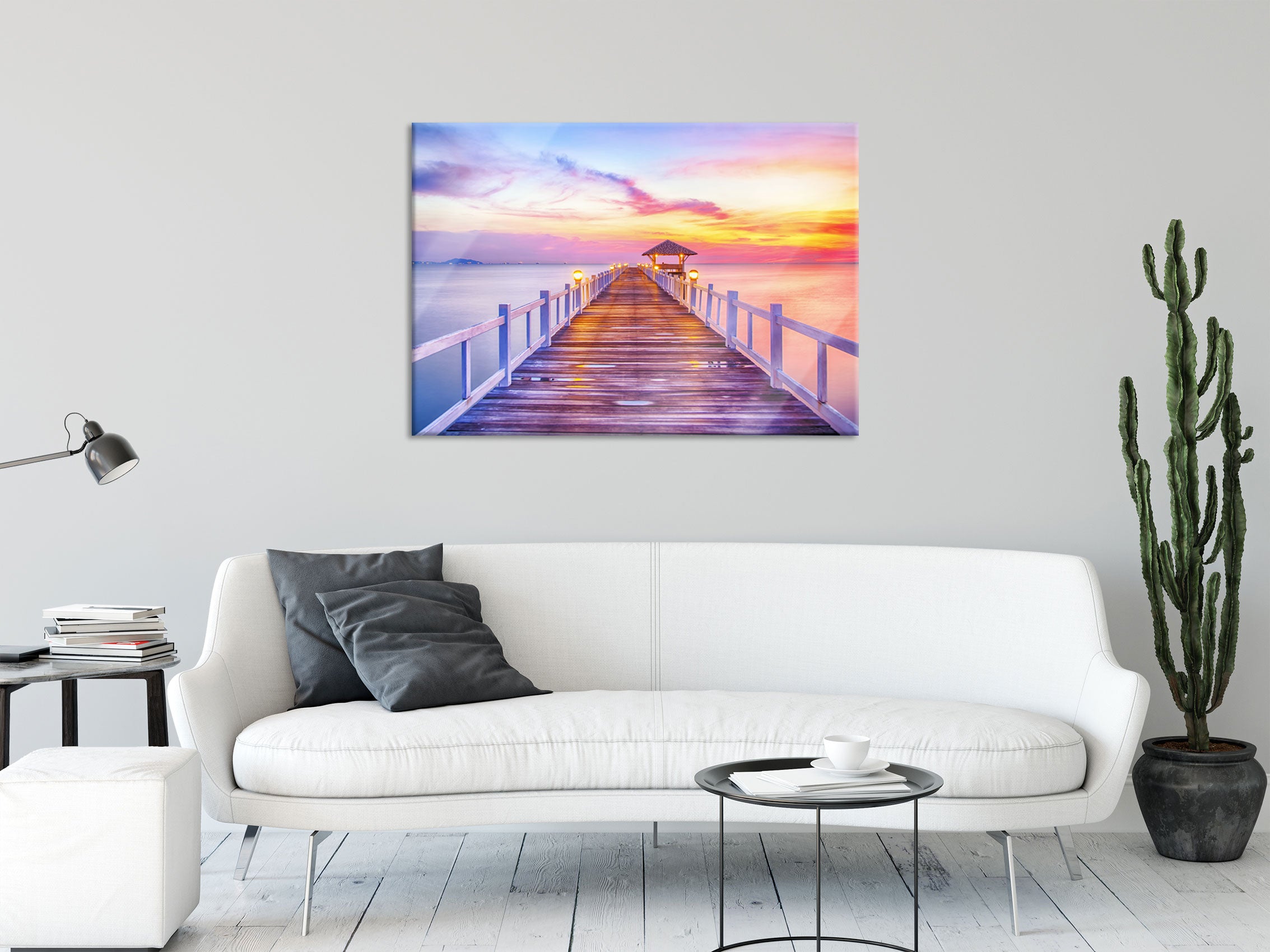 Steg ins Meer bei Sonnenuntergang, Glasbild