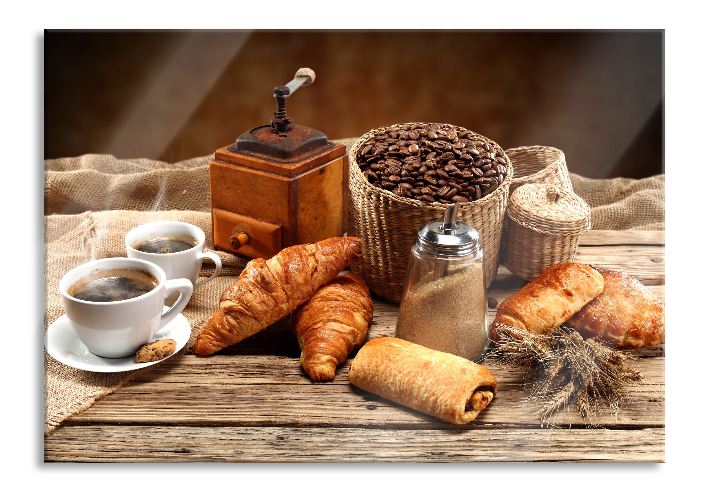 Aromatischer Kaffee mit Croissant, Glasbild