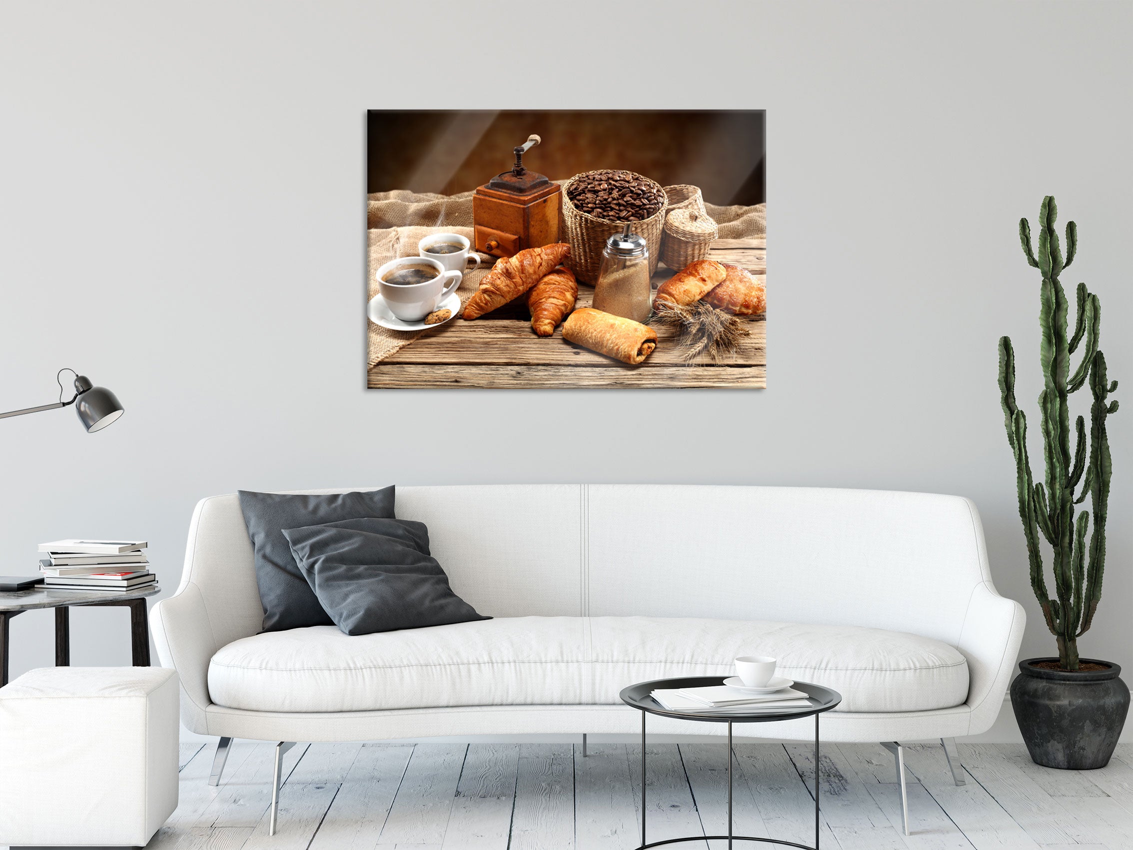 Aromatischer Kaffee mit Croissant, Glasbild