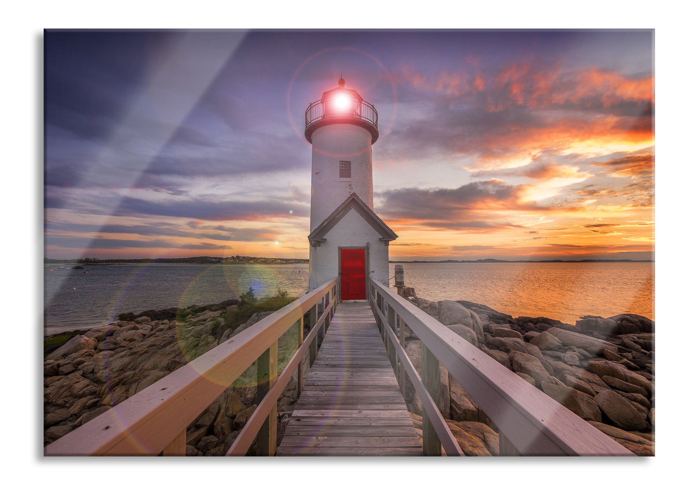 Leuchtturm bei Sonnenuntergang, Glasbild