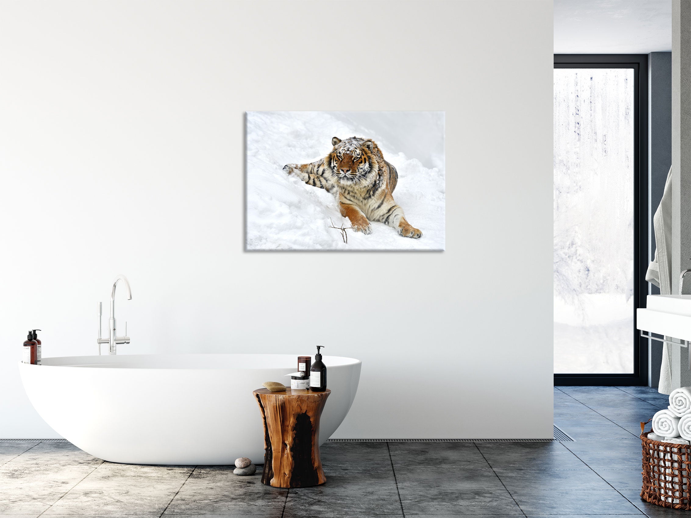 Amur Tiger im Schnee, Glasbild