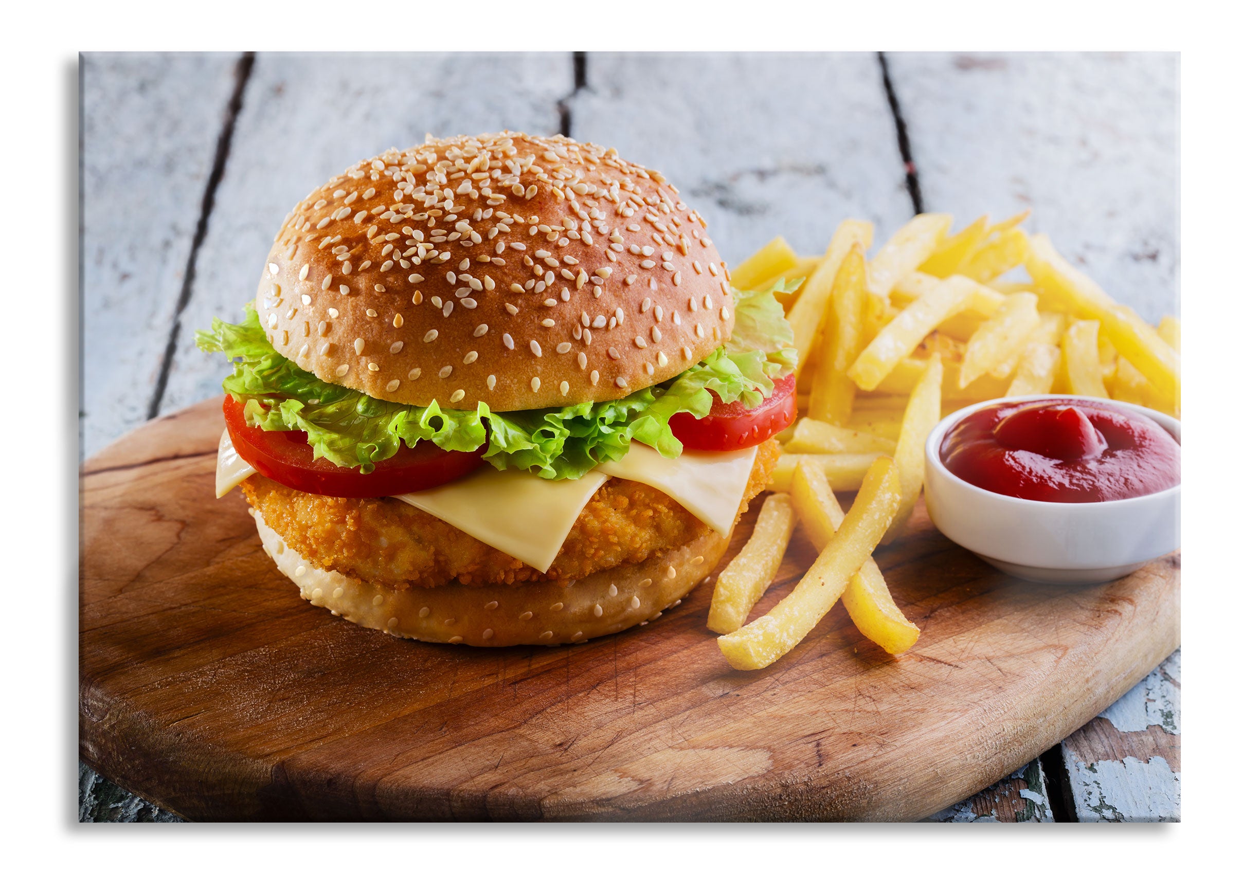 Chickenburger Pommes, Glasbild