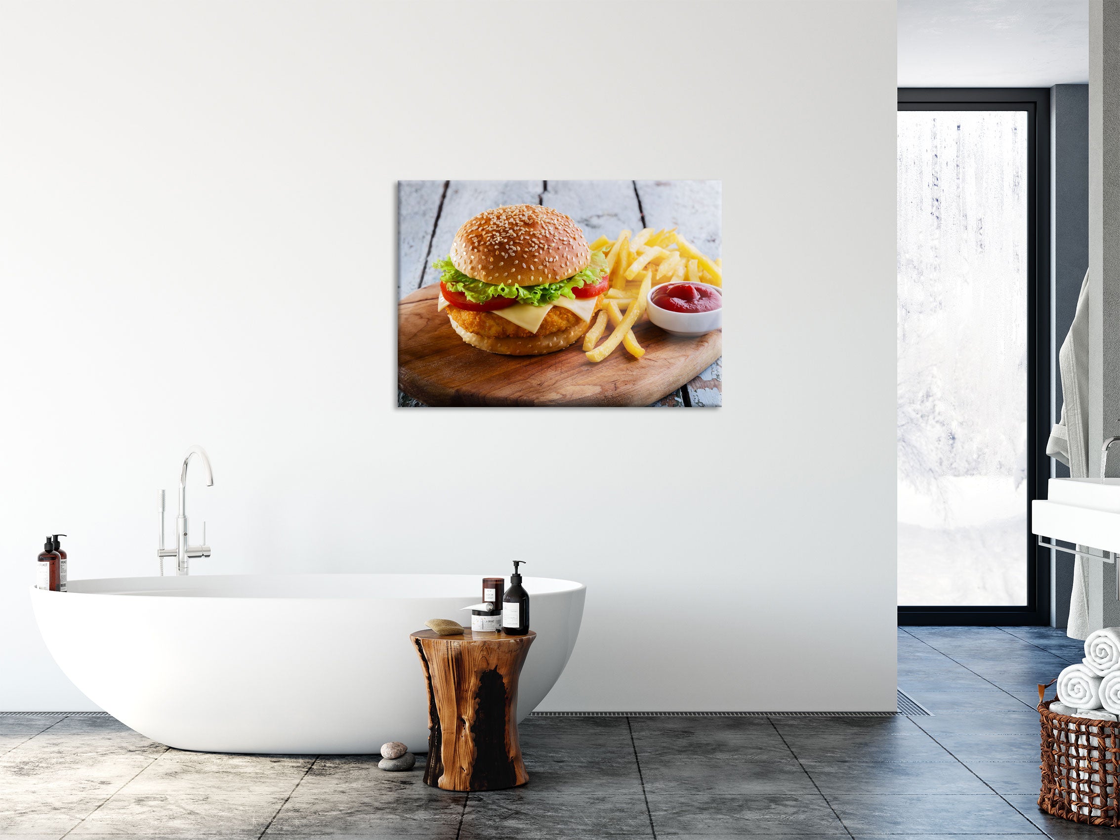 Chickenburger Pommes, Glasbild