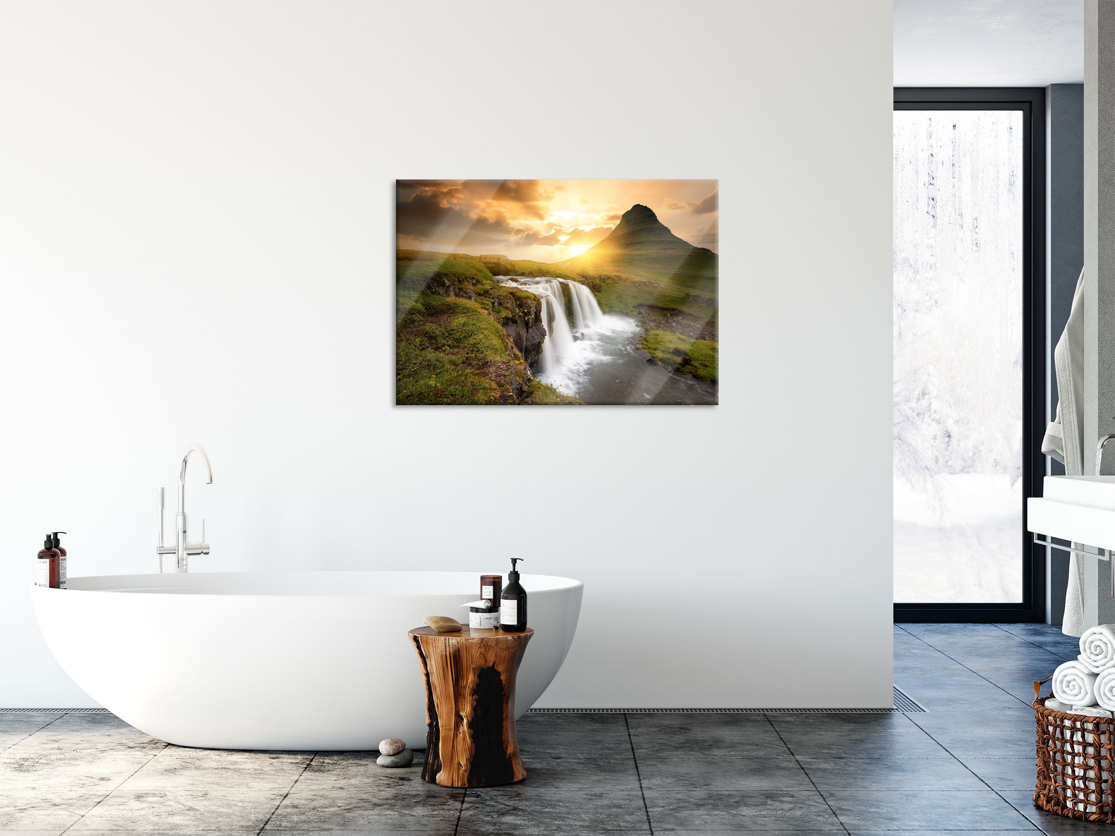 Wasserfall bei Sonnenuntergang, Glasbild