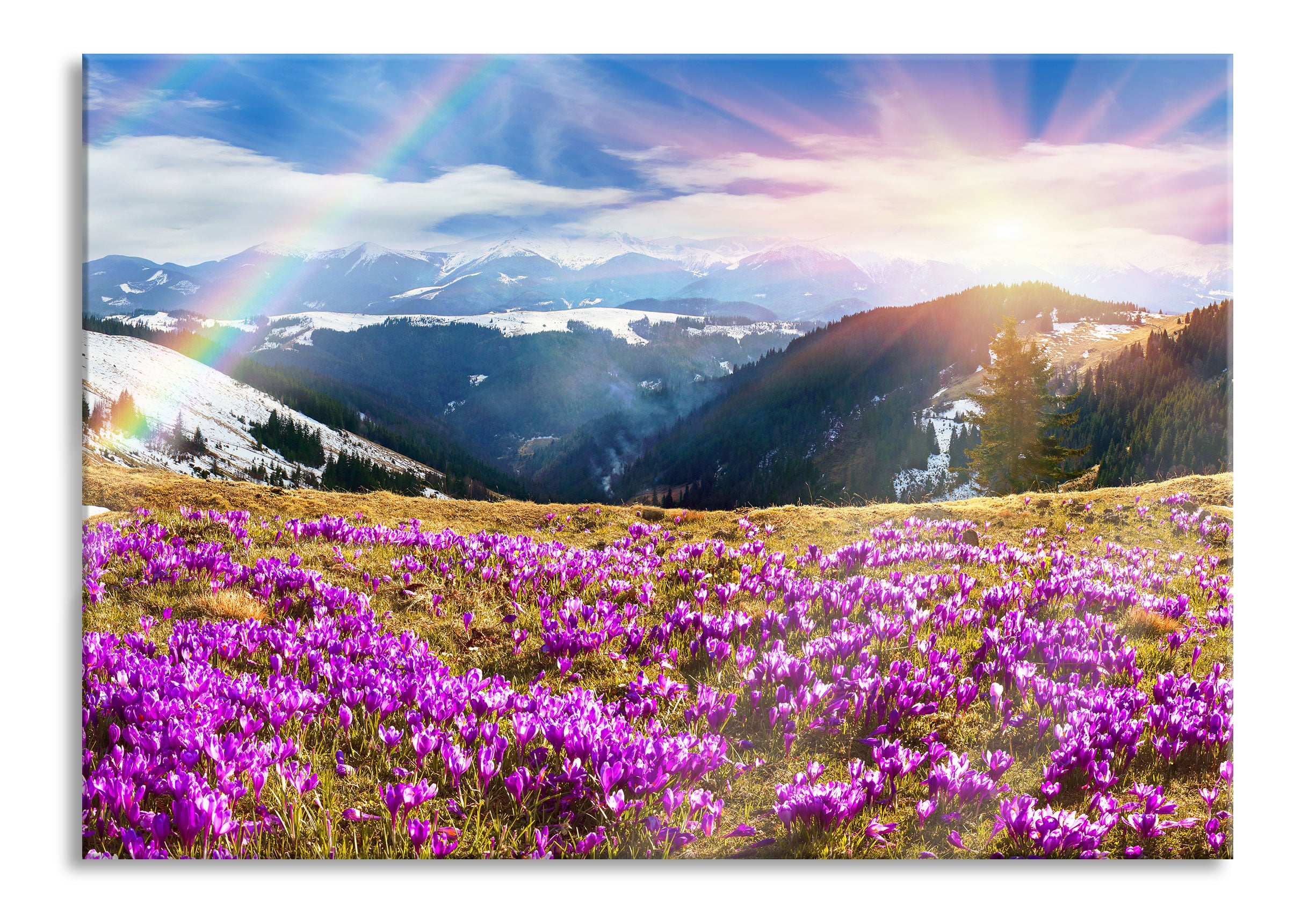 Berge mit Regenbogen, Glasbild