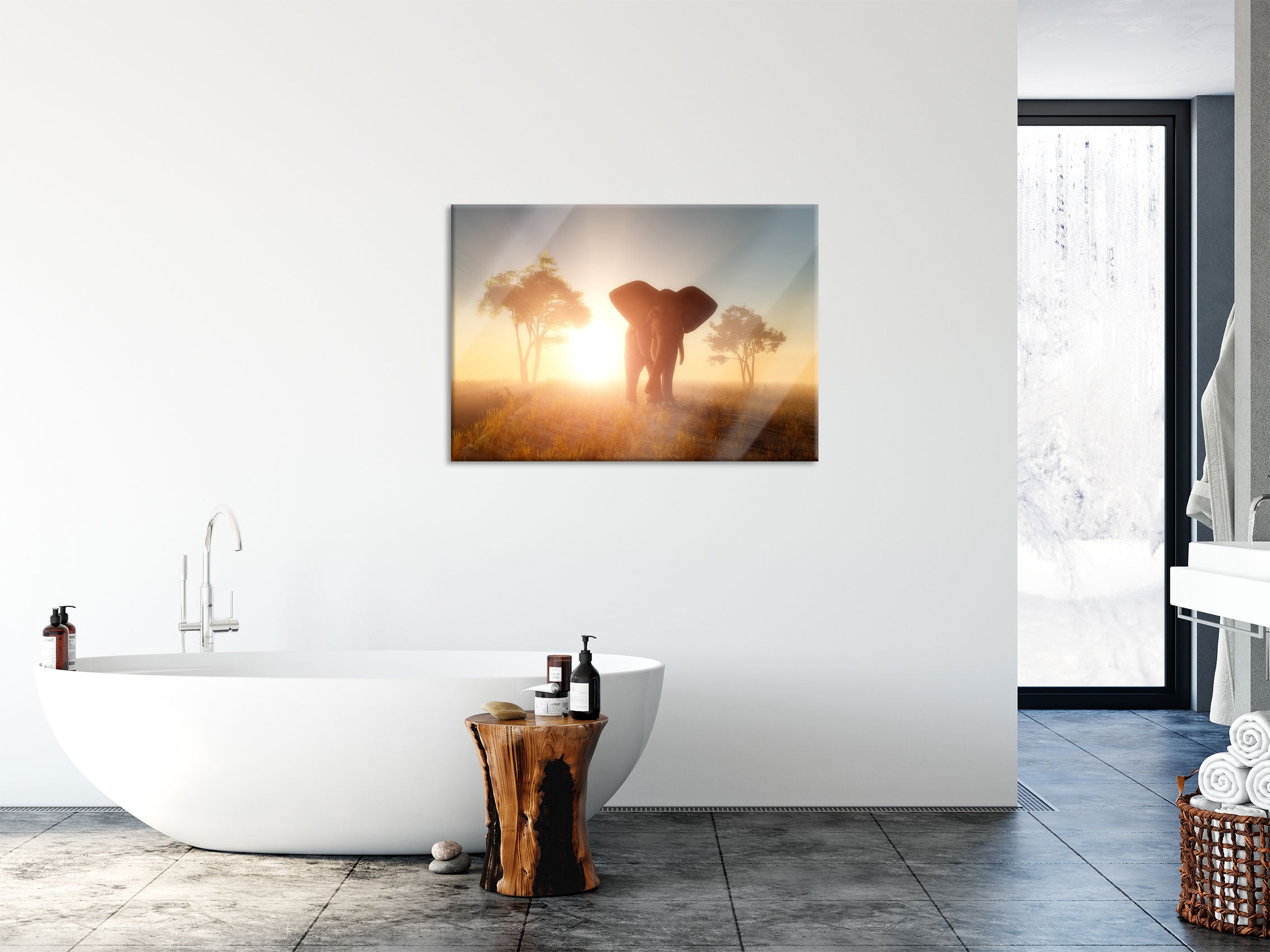 Elefant in der Wüste, Glasbild