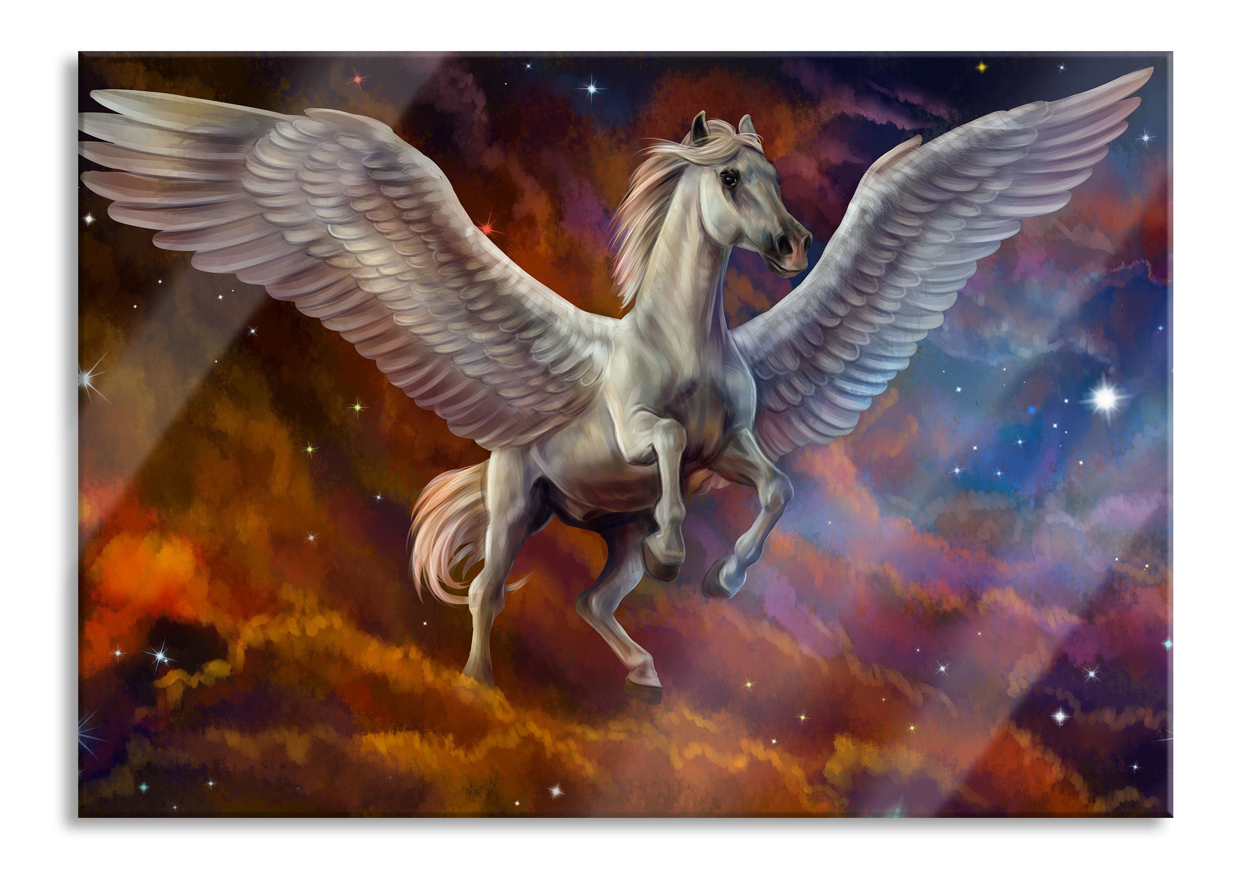 Weißer Pegasus mit Engelsflügel, Glasbild