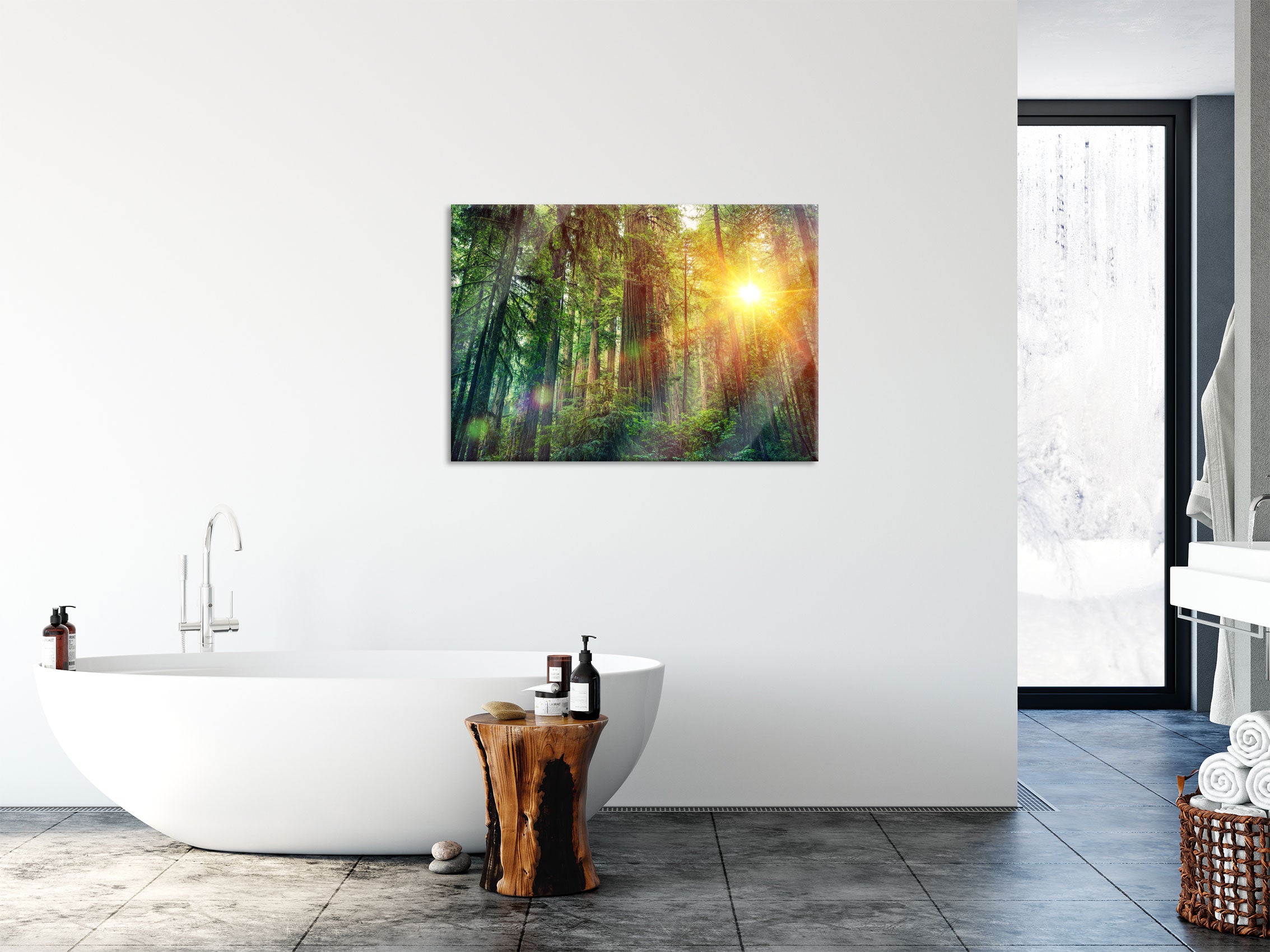 Wald bei Sonnenlicht, Glasbild