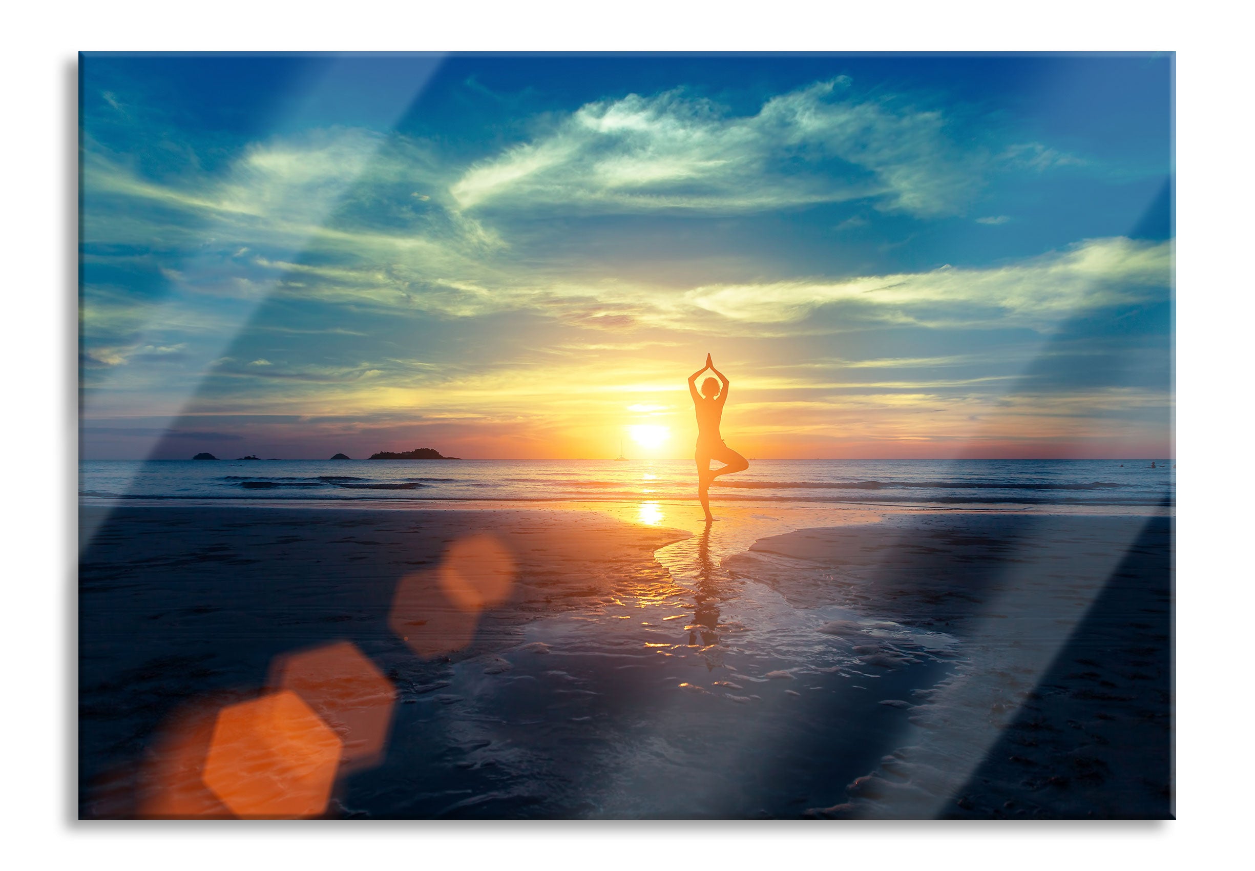 Yoga Silhouette am Strand, Glasbild