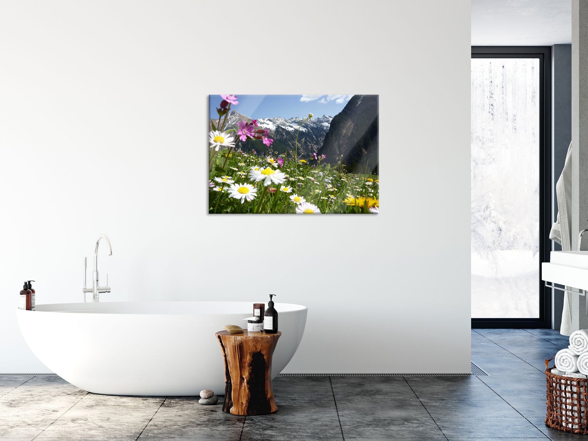 Wunderschöne Blumen Alpenwiese, Glasbild