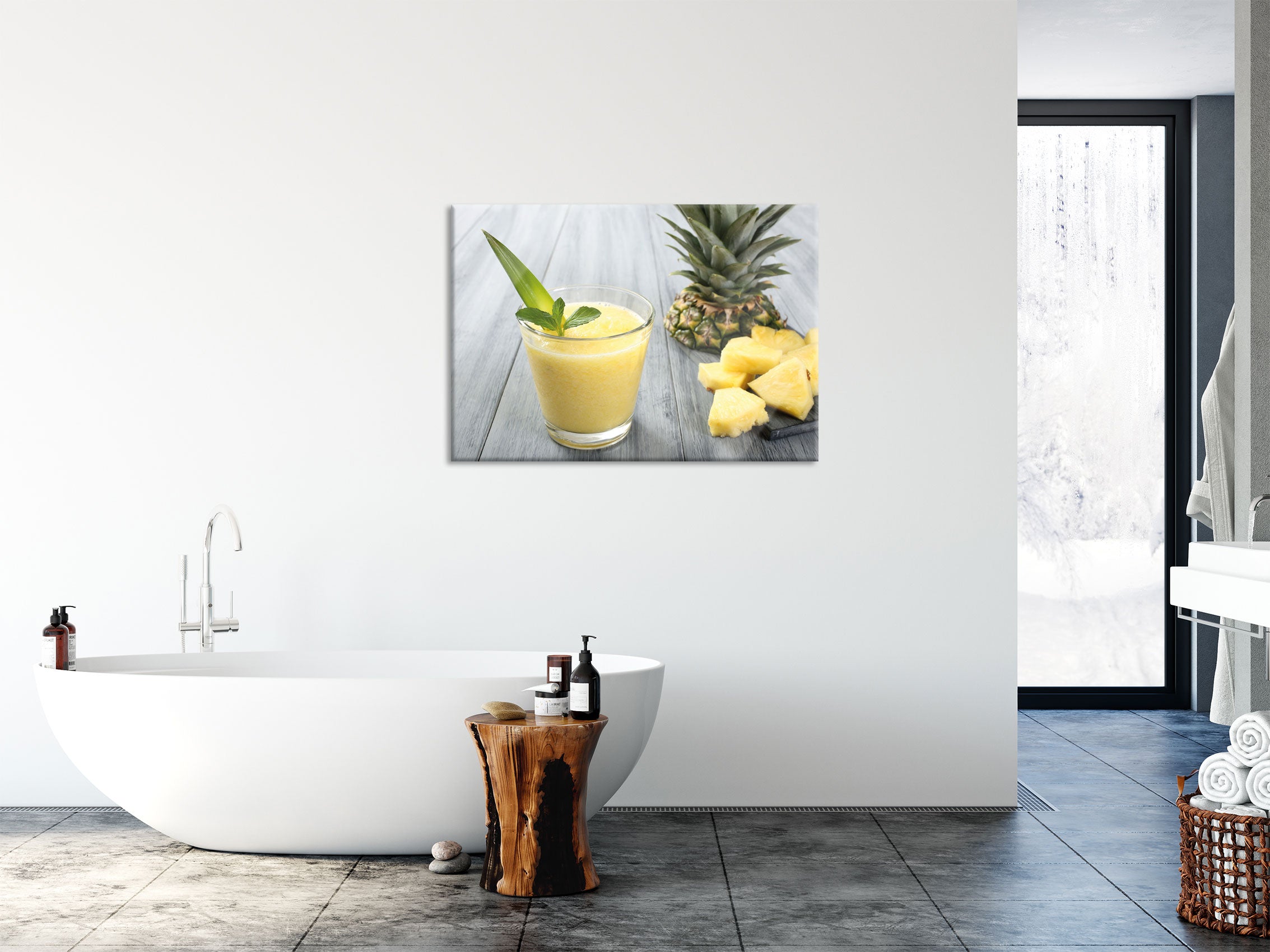 Ananas Cocktail auf Holztisch, Glasbild