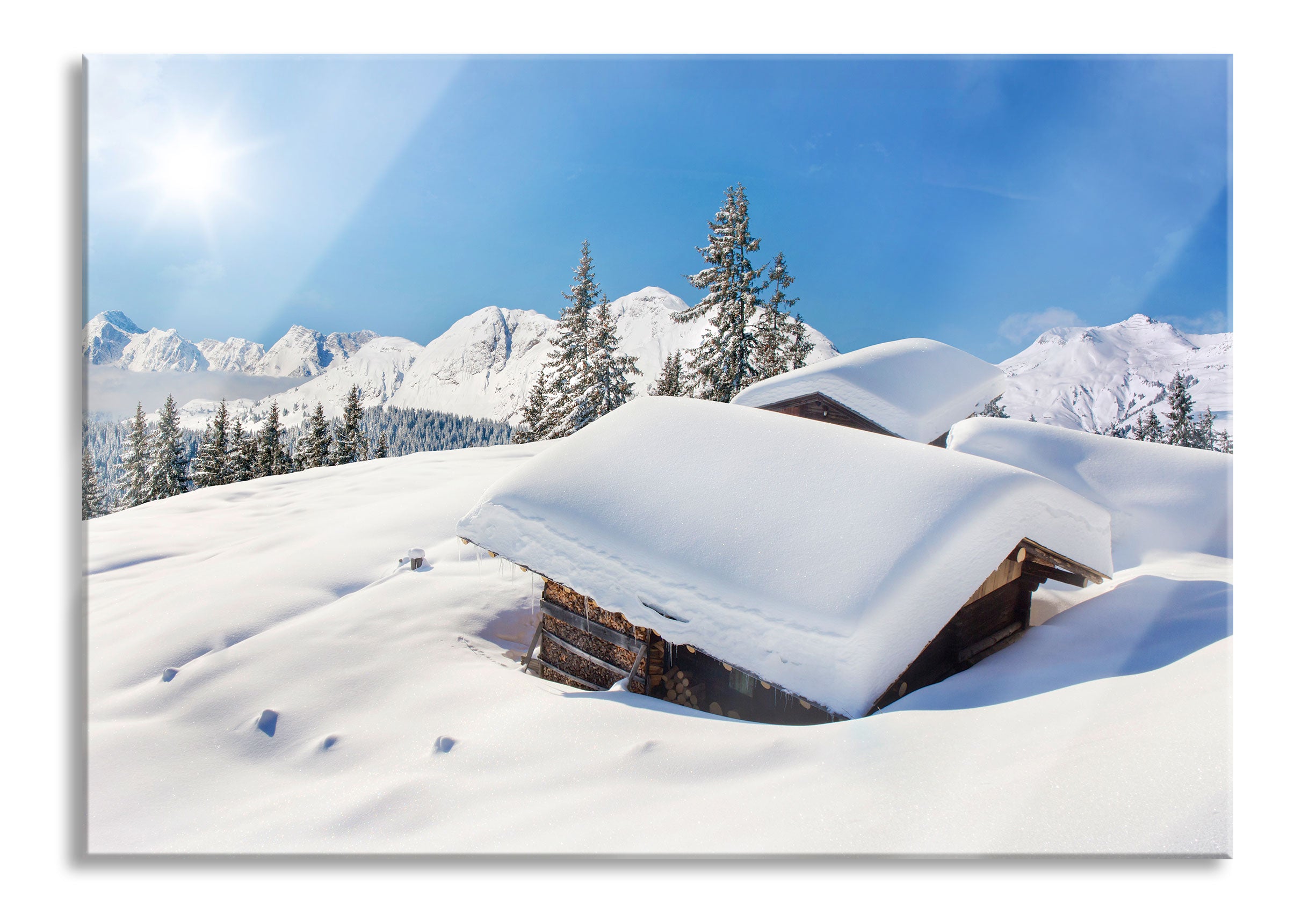 Berghütten in den Alpen, Glasbild