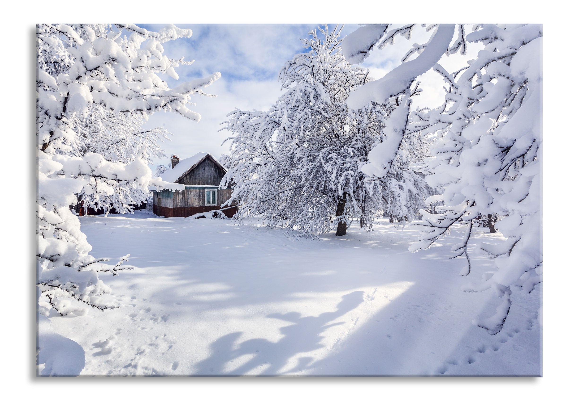 Winterlandschaft mit Hütte, Glasbild