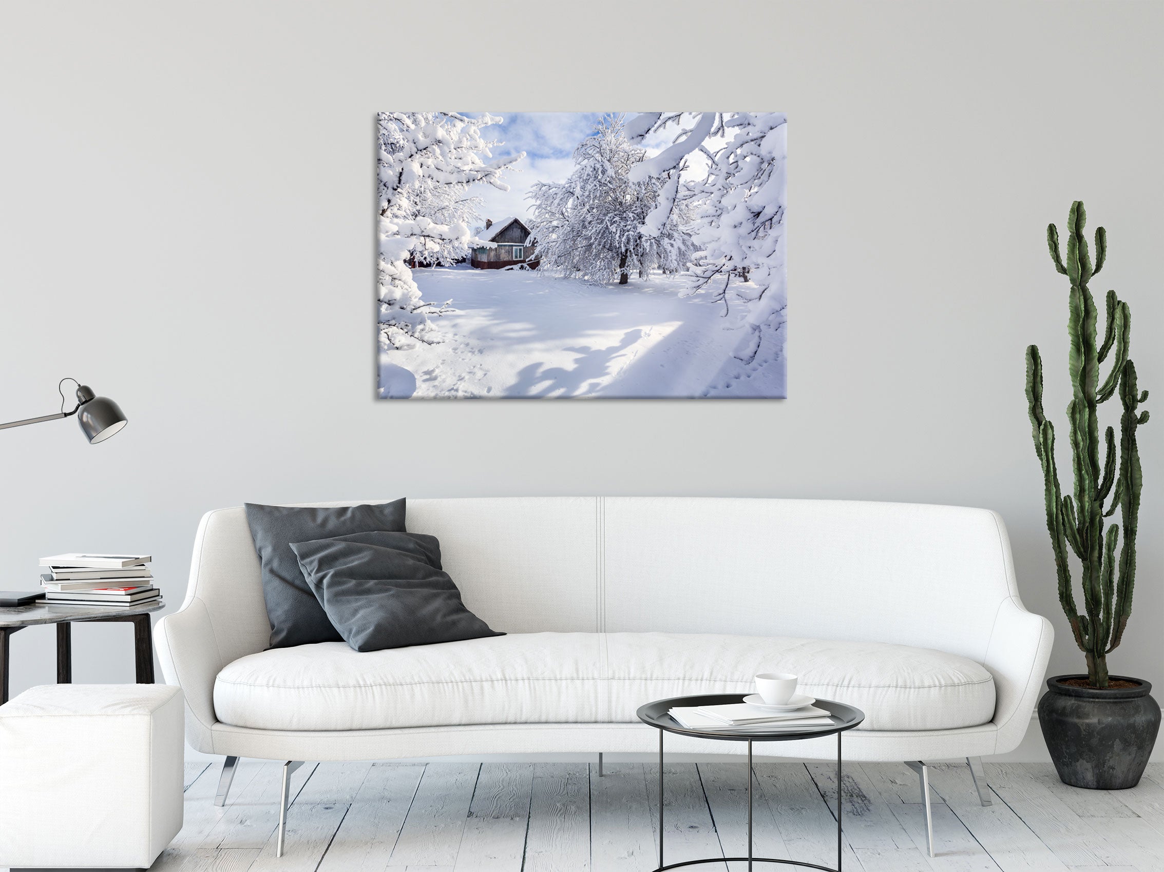 Winterlandschaft mit Hütte, Glasbild