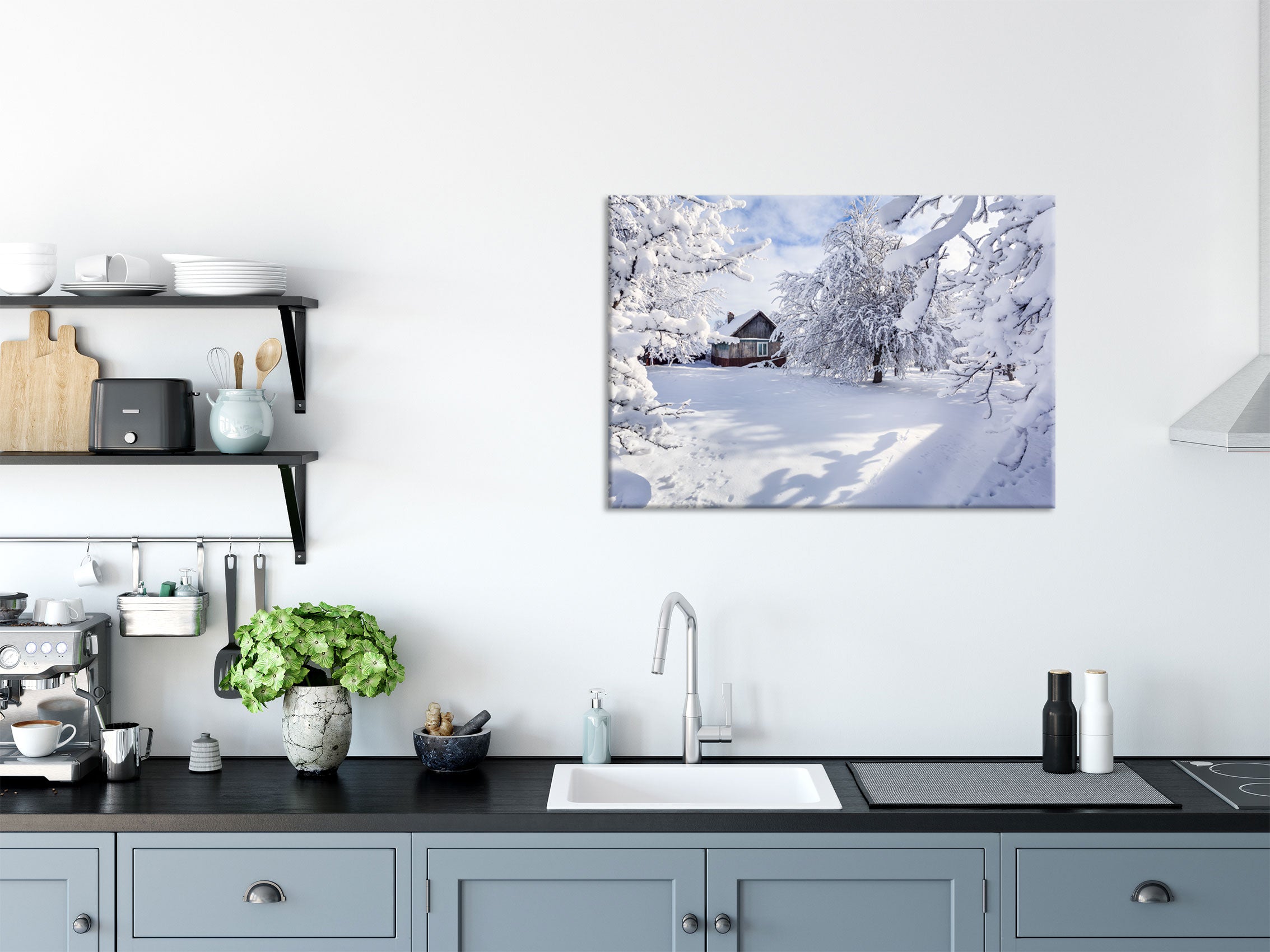 Winterlandschaft mit Hütte, Glasbild