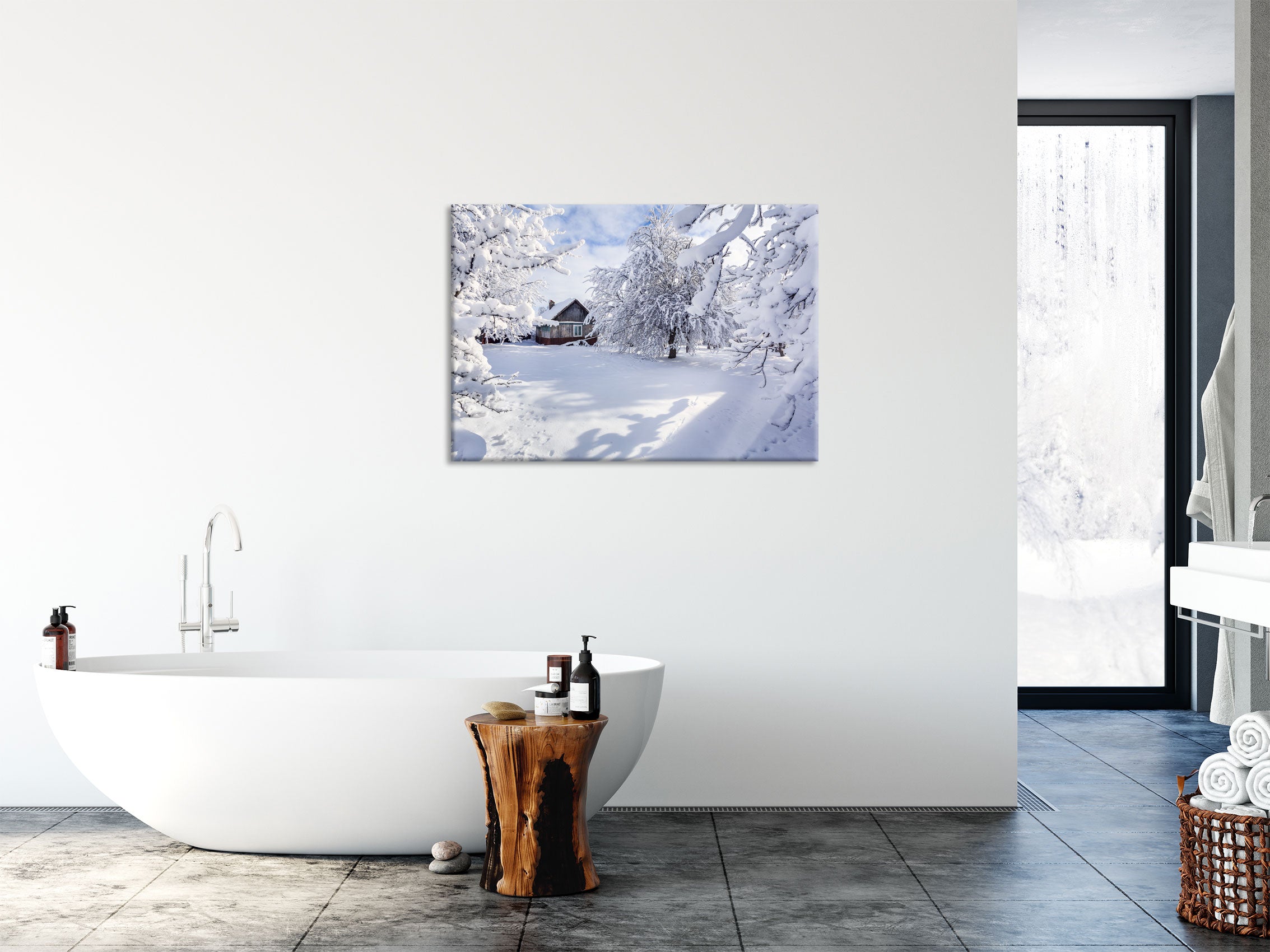 Winterlandschaft mit Hütte, Glasbild