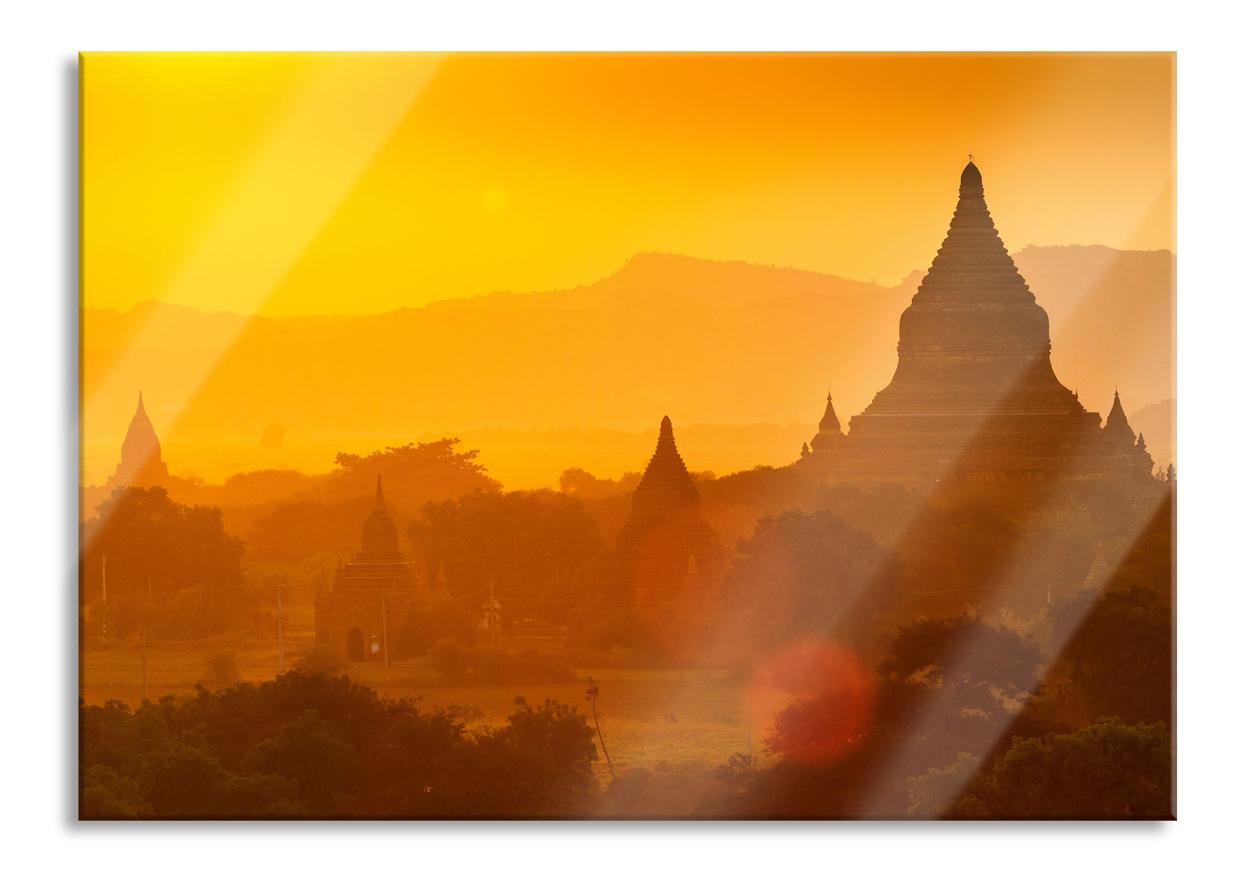 Buddha Tempel im Sonnenuntergang, Glasbild