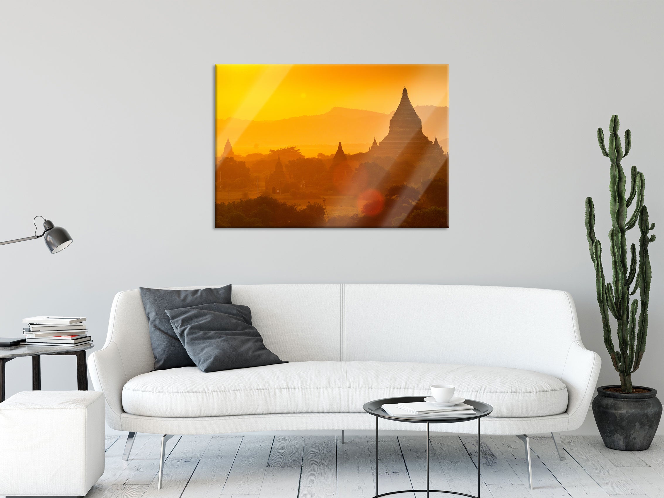 Buddha Tempel im Sonnenuntergang, Glasbild