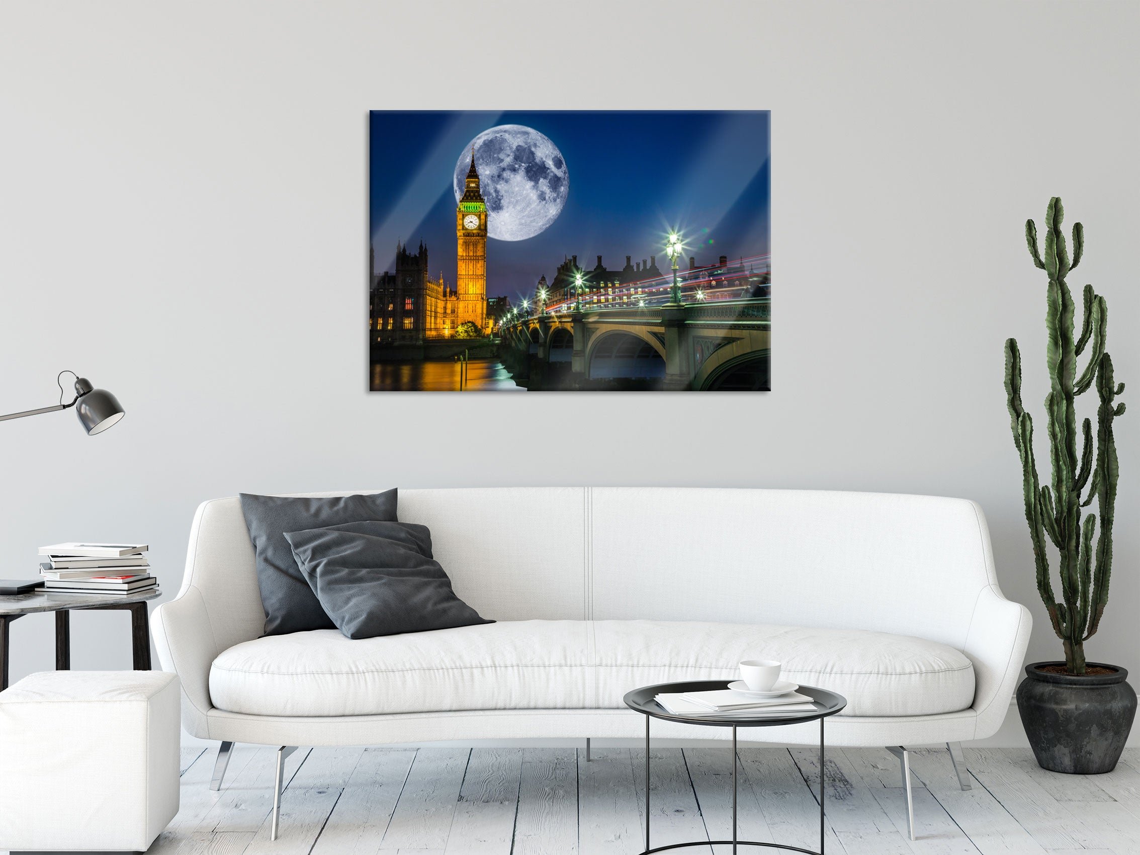 Big Ben vor Mond in London, Glasbild