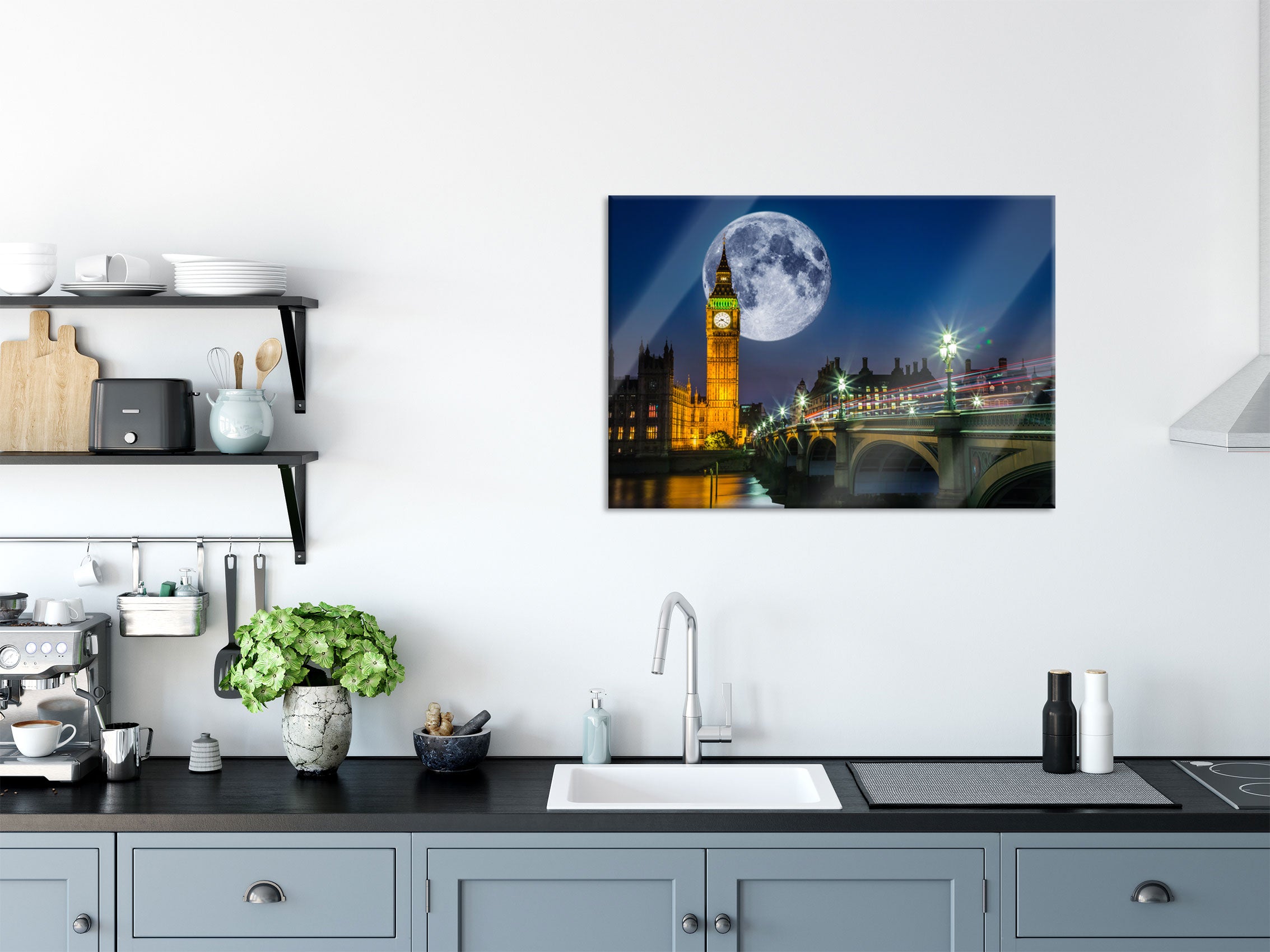 Big Ben vor Mond in London, Glasbild