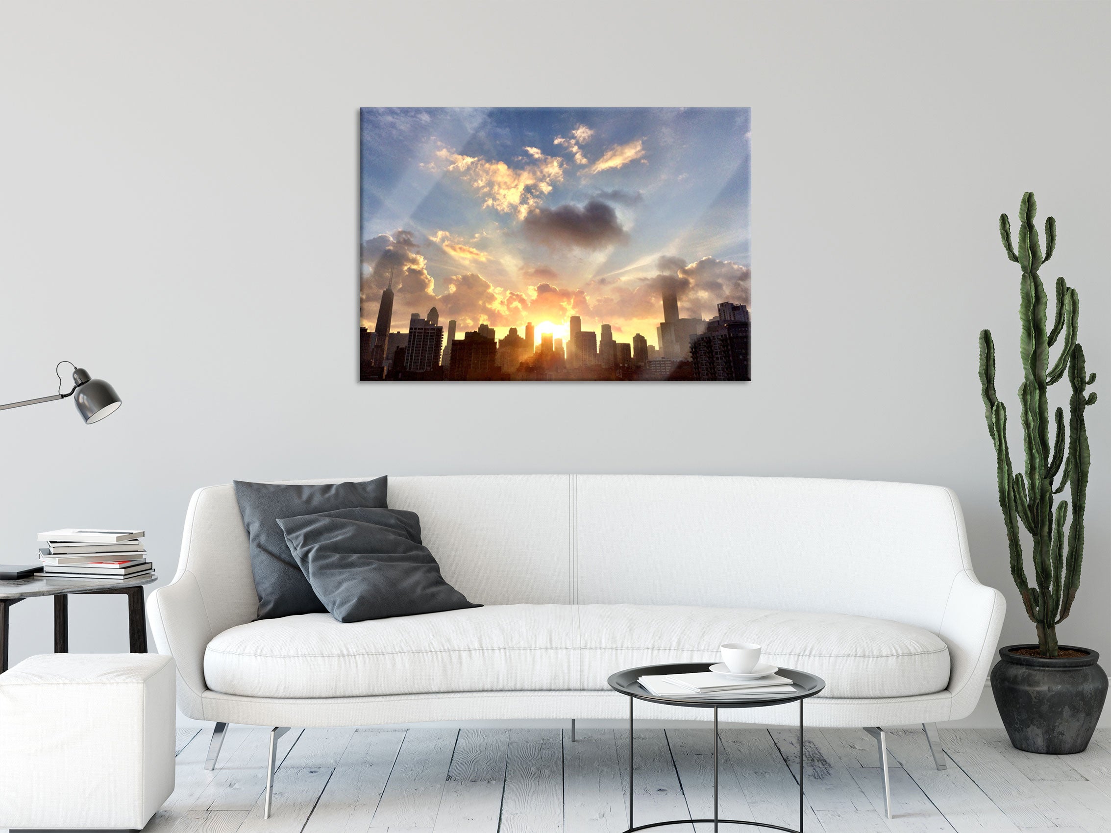 Chicago Skyline im Sonnenaufgang, Glasbild