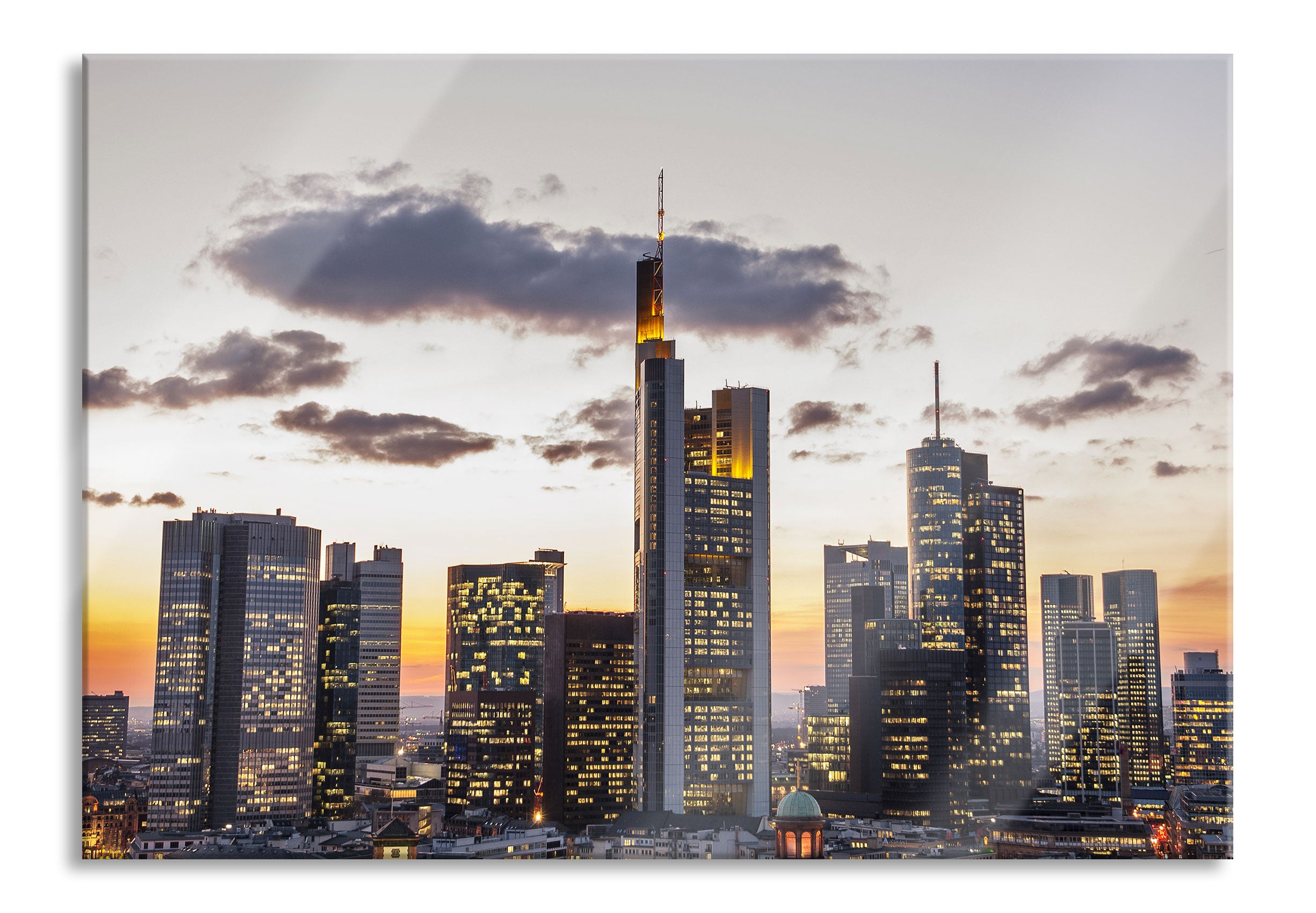 Wolkenkratzer bei Sonnenuntergang, Glasbild