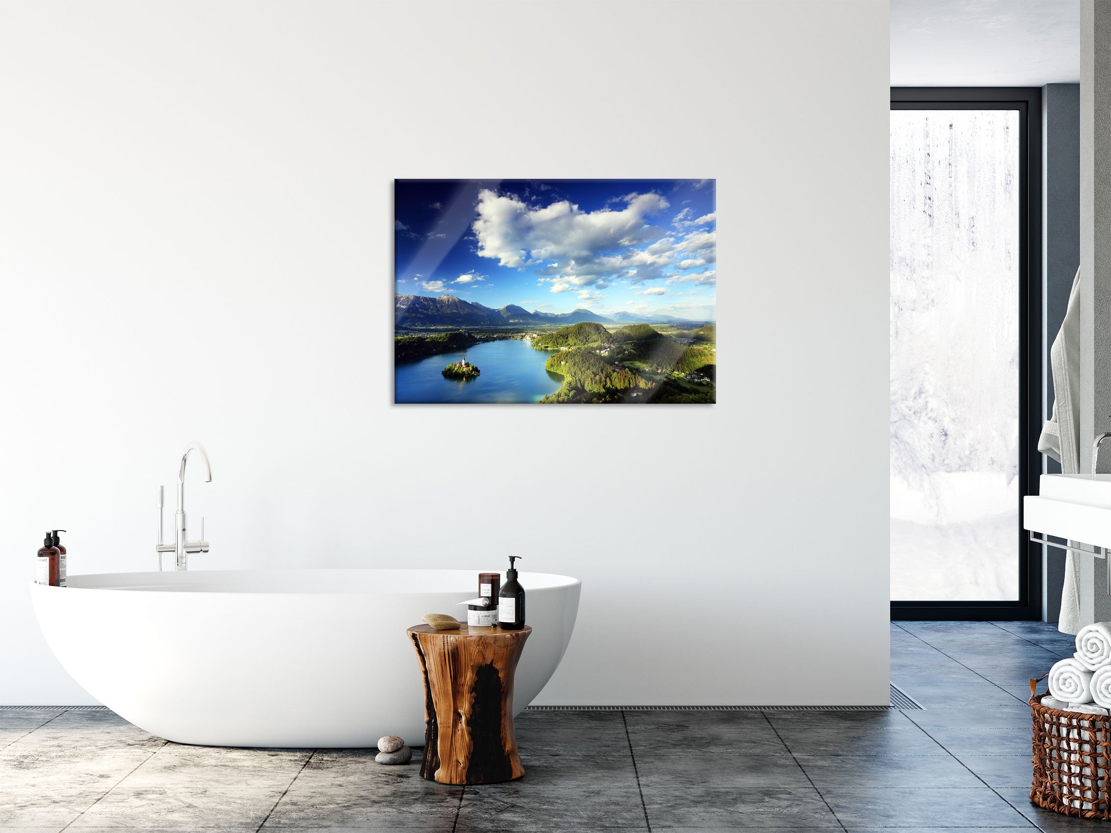 Atemberaubende Seen Landschaft, Glasbild