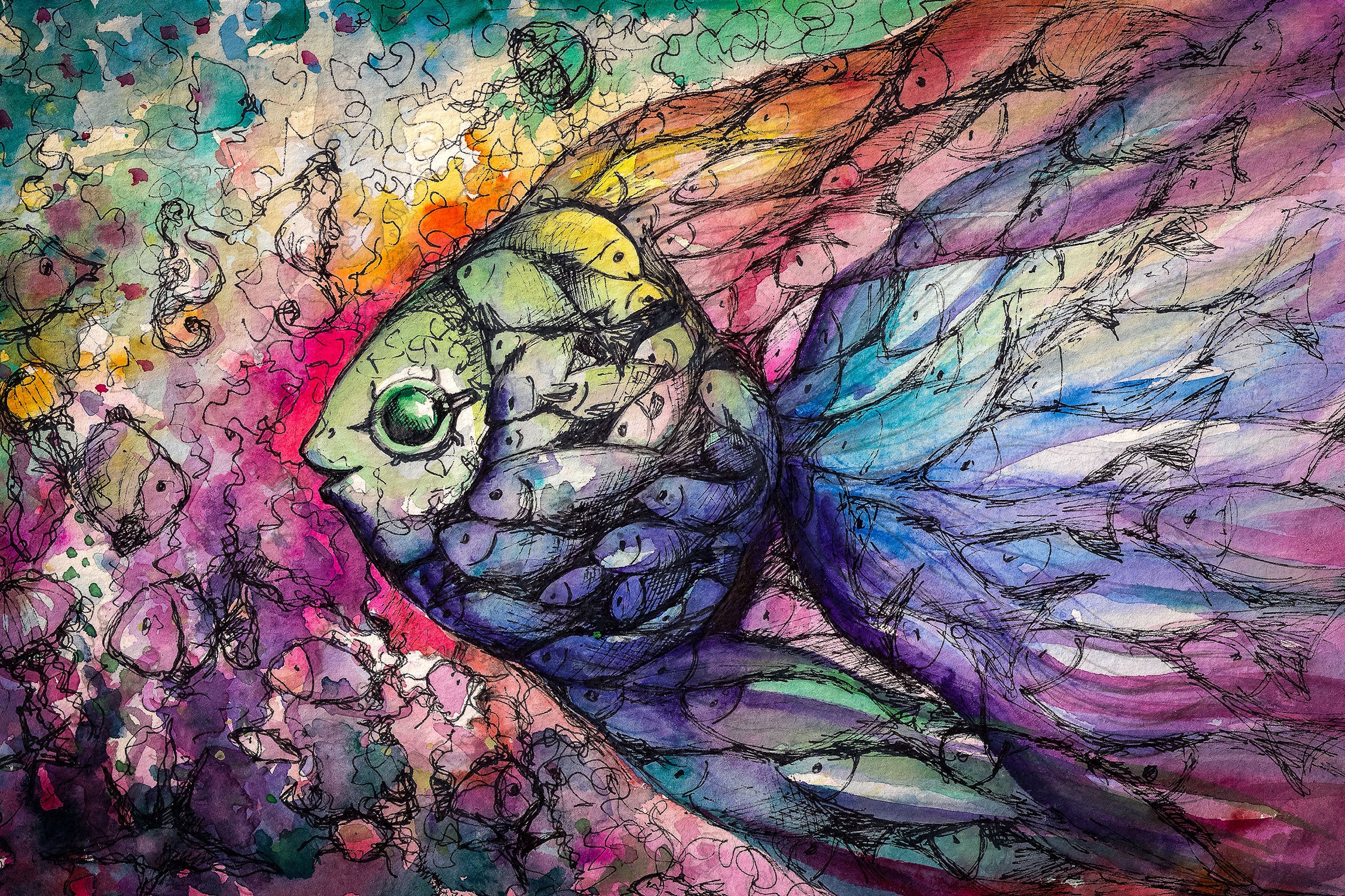 Bunte Fische Kunst, Glasbild