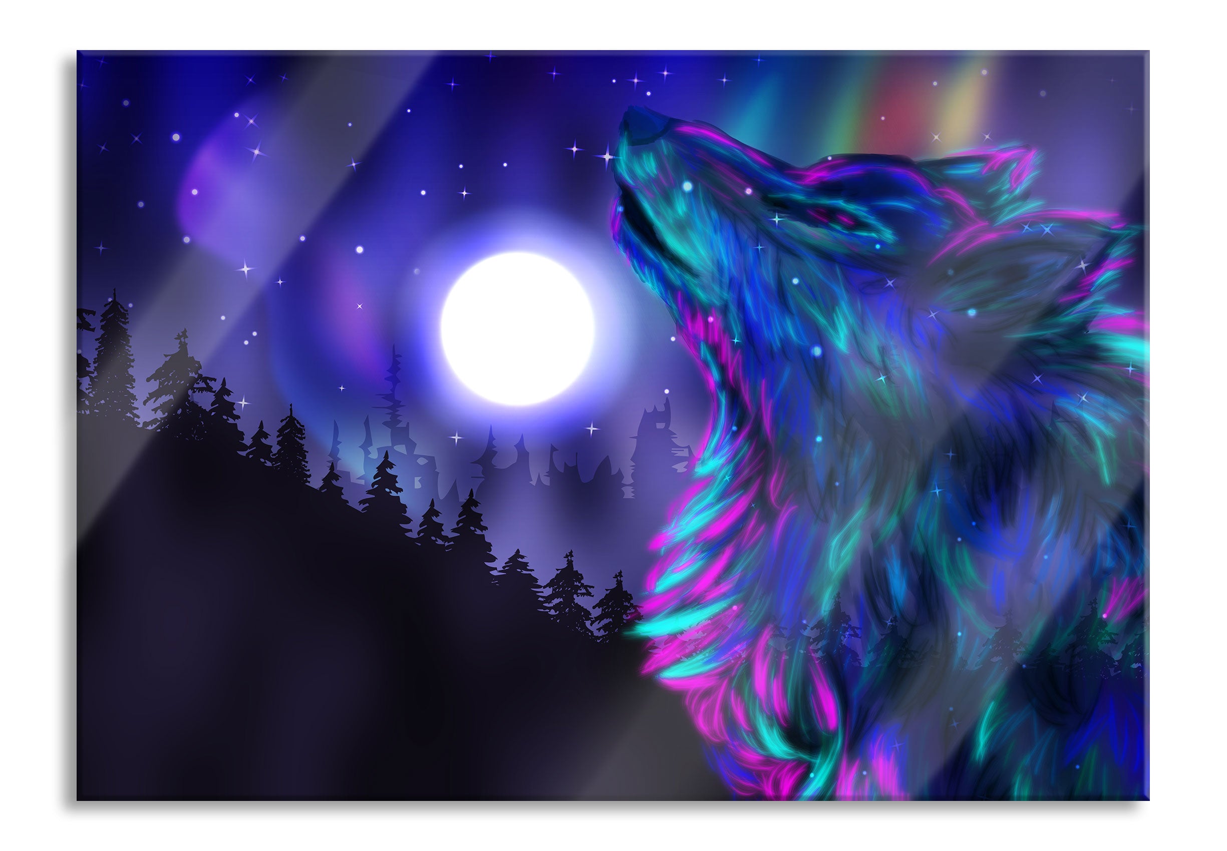 Abstrakter Wolf mit Mond, Glasbild