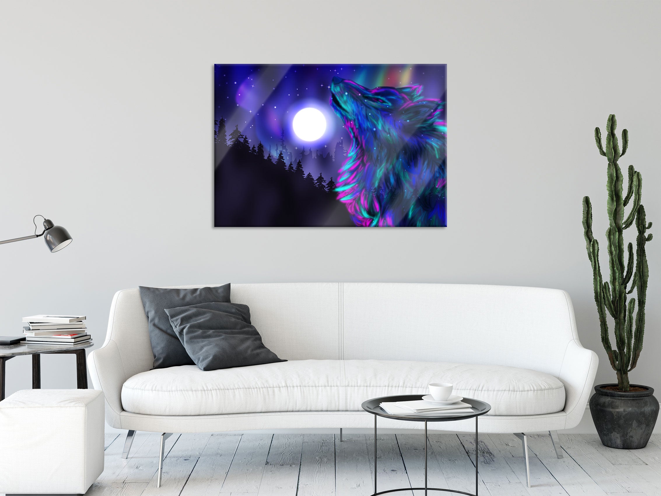 Abstrakter Wolf mit Mond, Glasbild