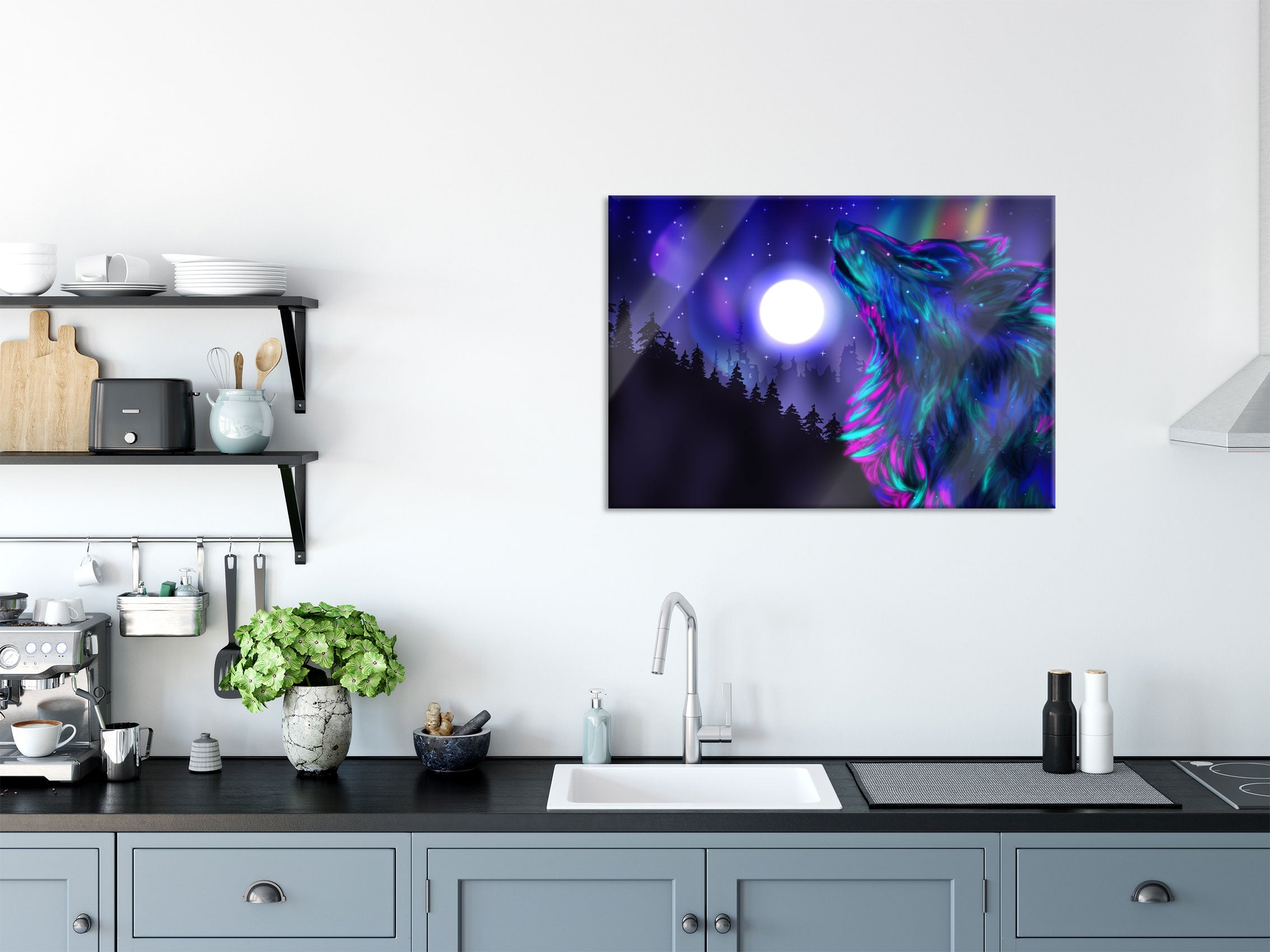 Abstrakter Wolf mit Mond, Glasbild