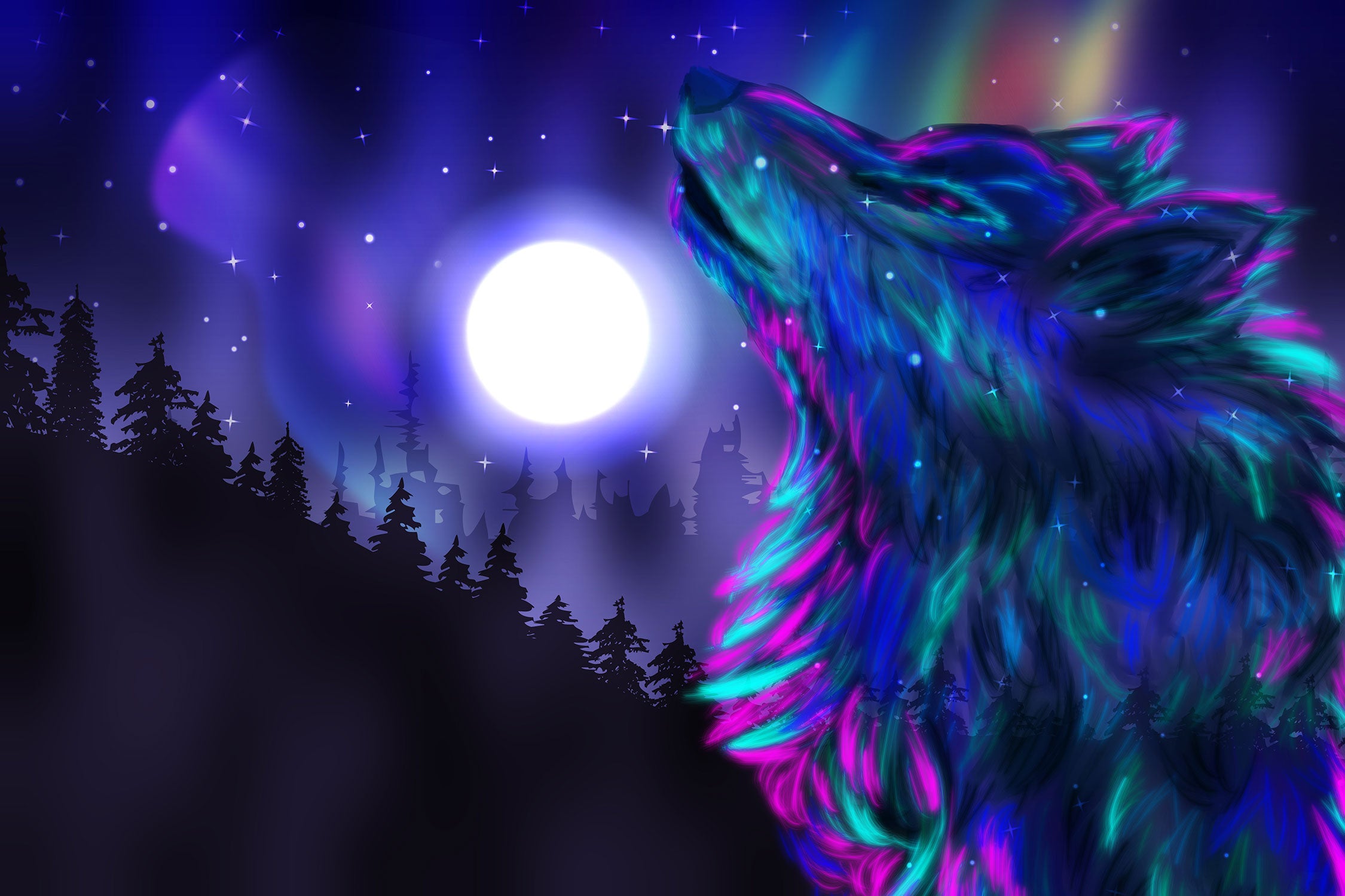 Abstrakter Wolf mit Mond, Glasbild