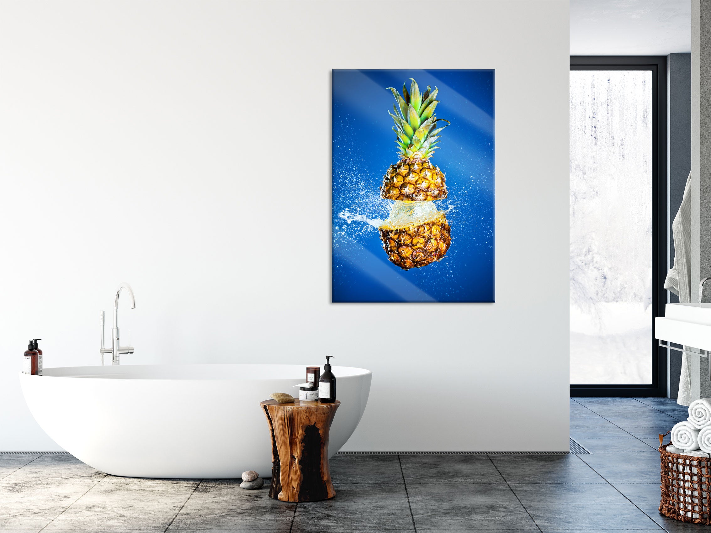 Ananas mit Wasser bespritzt, Glasbild