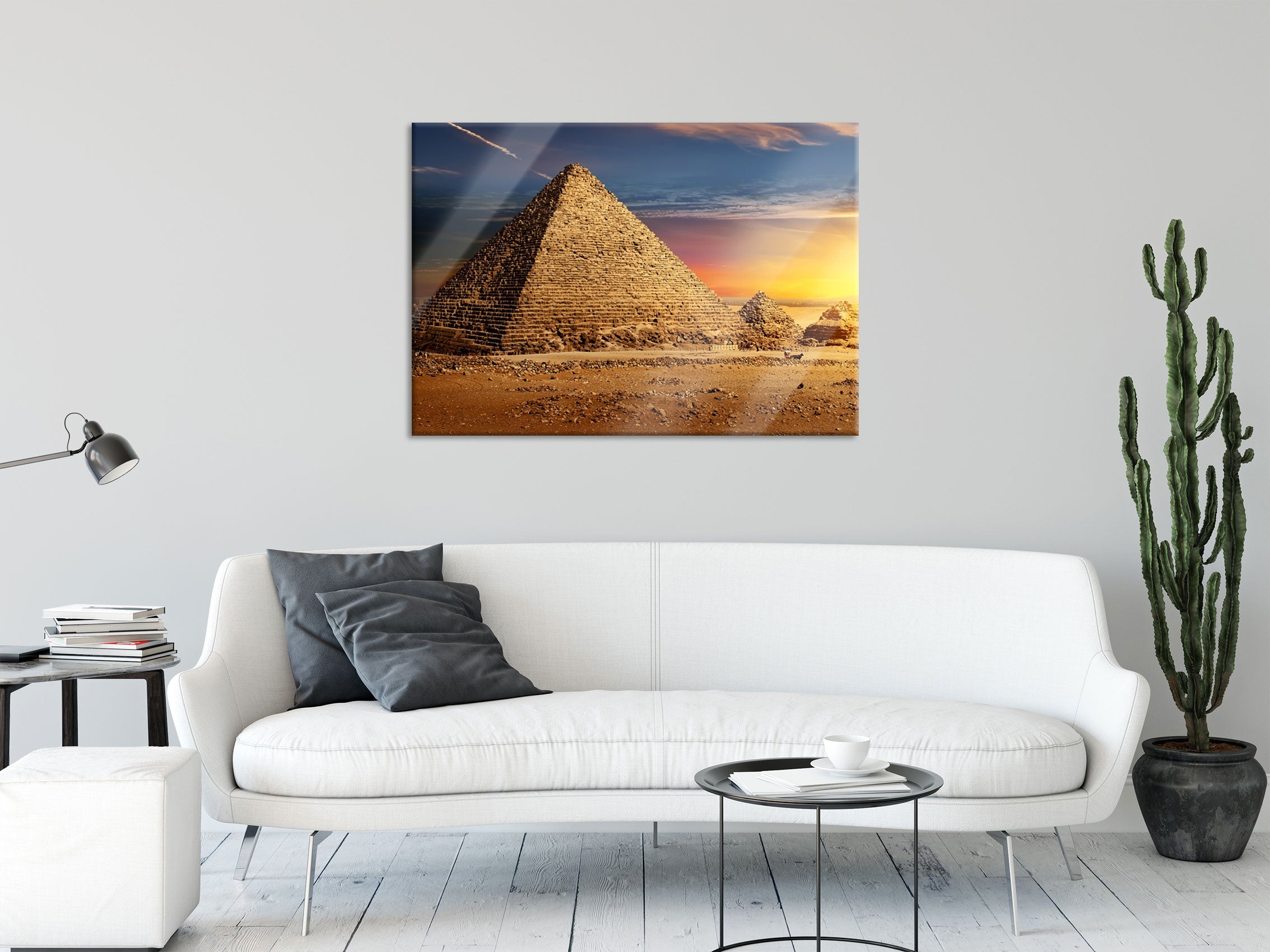 Ägyptische Pyramiden bei Sonnenuntergang, Glasbild