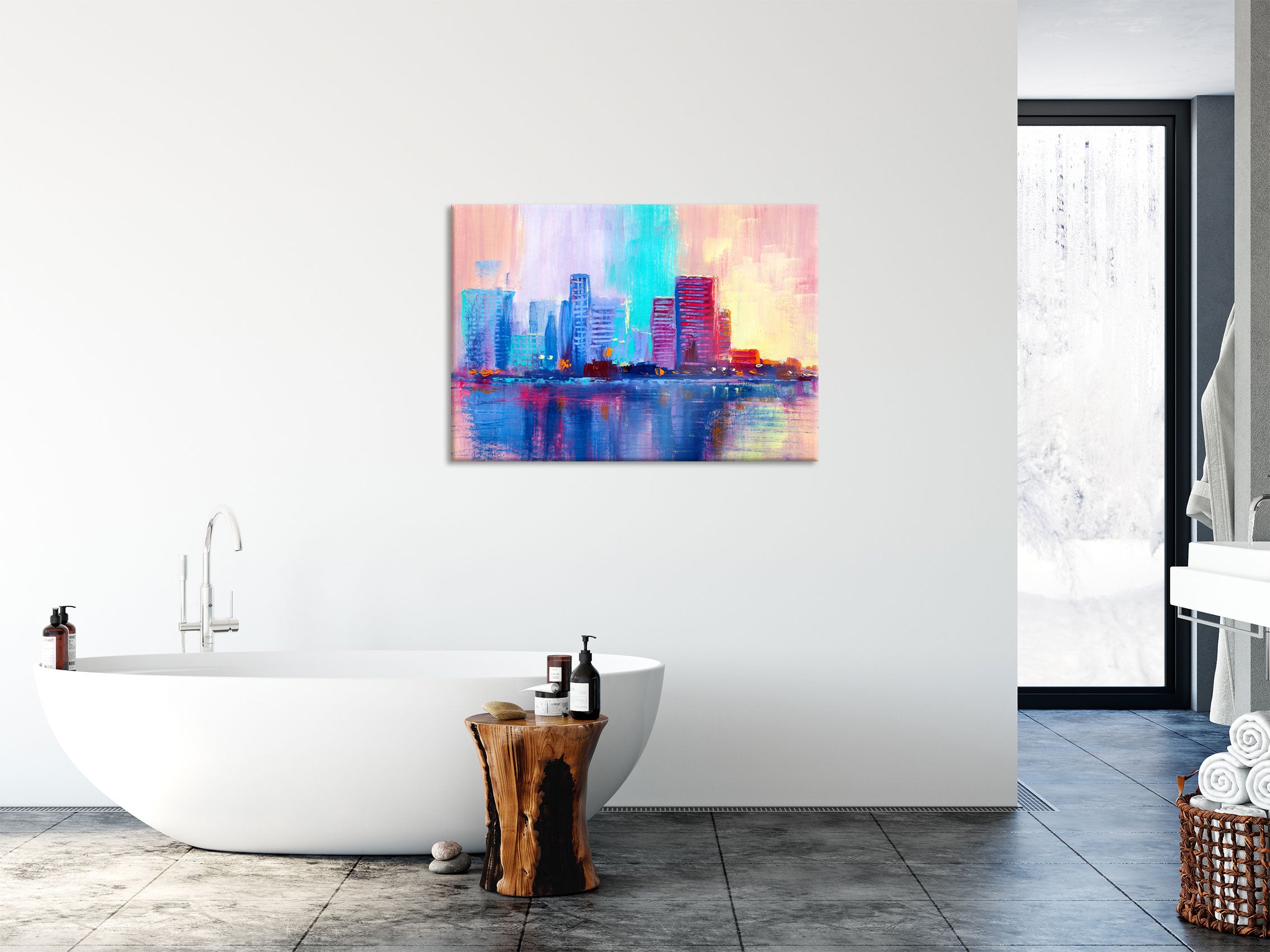 Abstraktes Ölgemälde einer Skyline, Glasbild