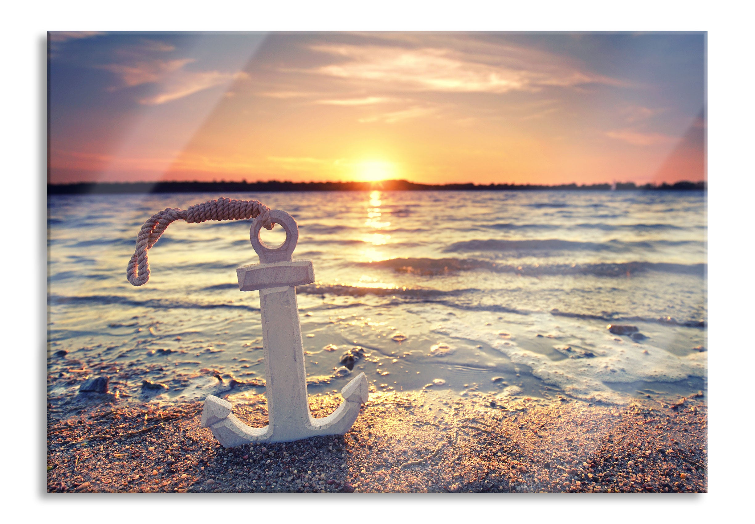 Anker am Ostseestrand im Sonnenuntergang, Glasbild